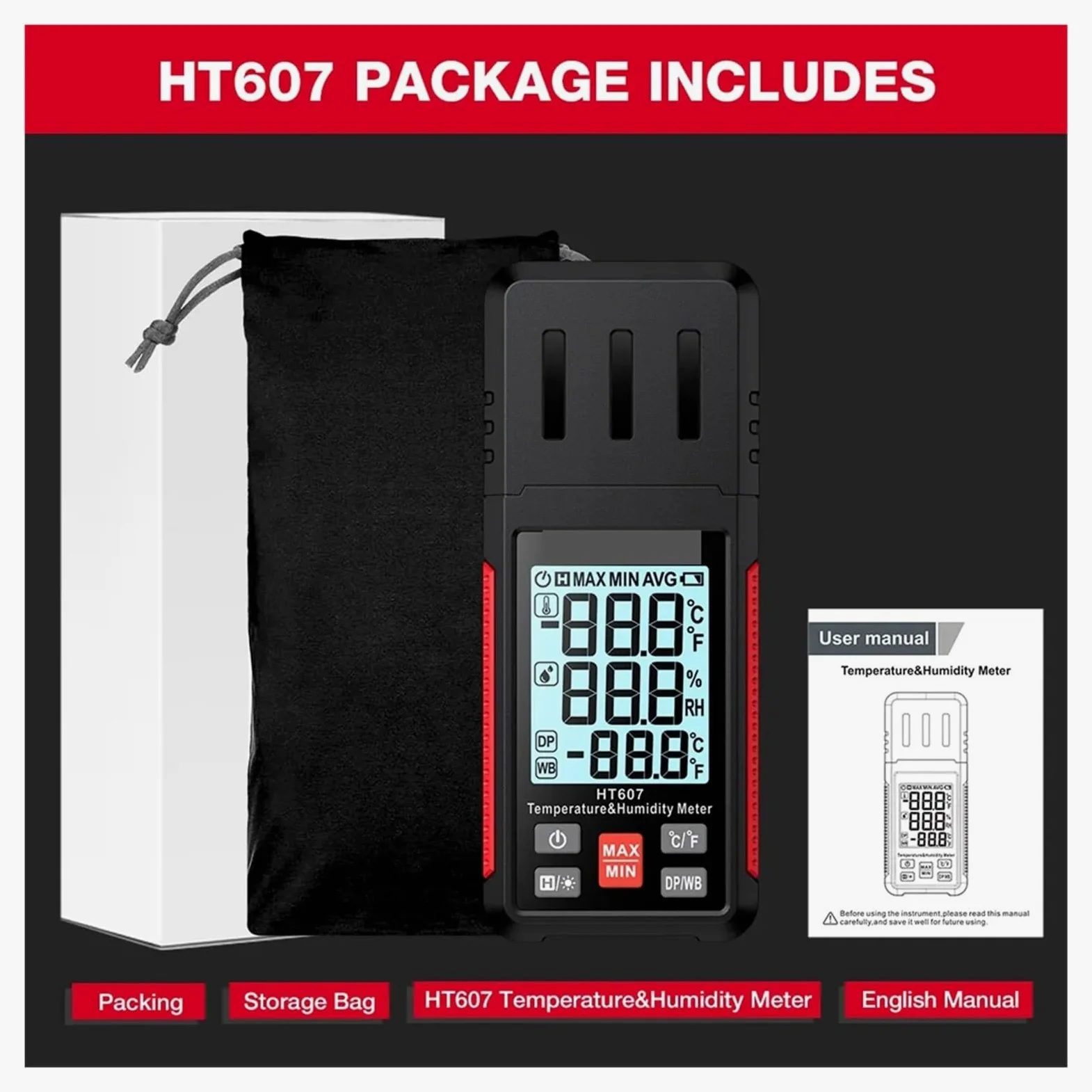 Medidor digital de temperatura y humedad HT607, termohigrómetro preciso for uso en laboratorio y granja