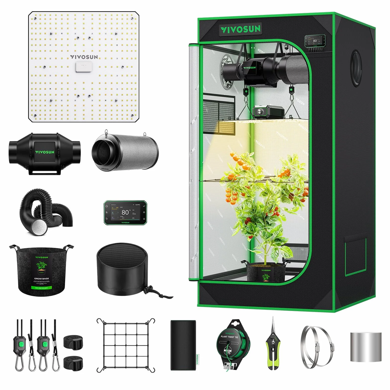 VIVOSUN Sistema de Tienda de Cultivo Inteligente 60x60x120cm, Kit de Tienda Cultivo con WiFi, Ventilación Automática, Luz de Cultivo LED de Espectro Completo de 100W, Controlador GrowHub E42A+