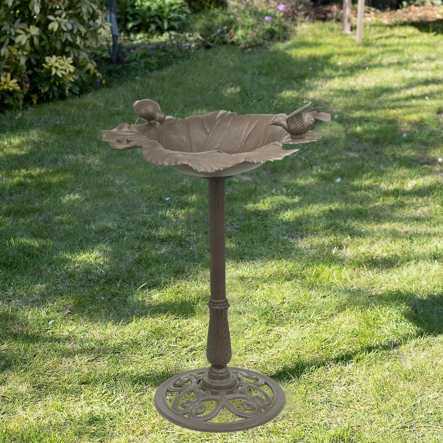 Moritz Bebedero para pájaros de 77 cm de alto, de hierro fundido, macizo, para jardín, forma de hoja, baño para pájaros con soporte, diseño antiguo