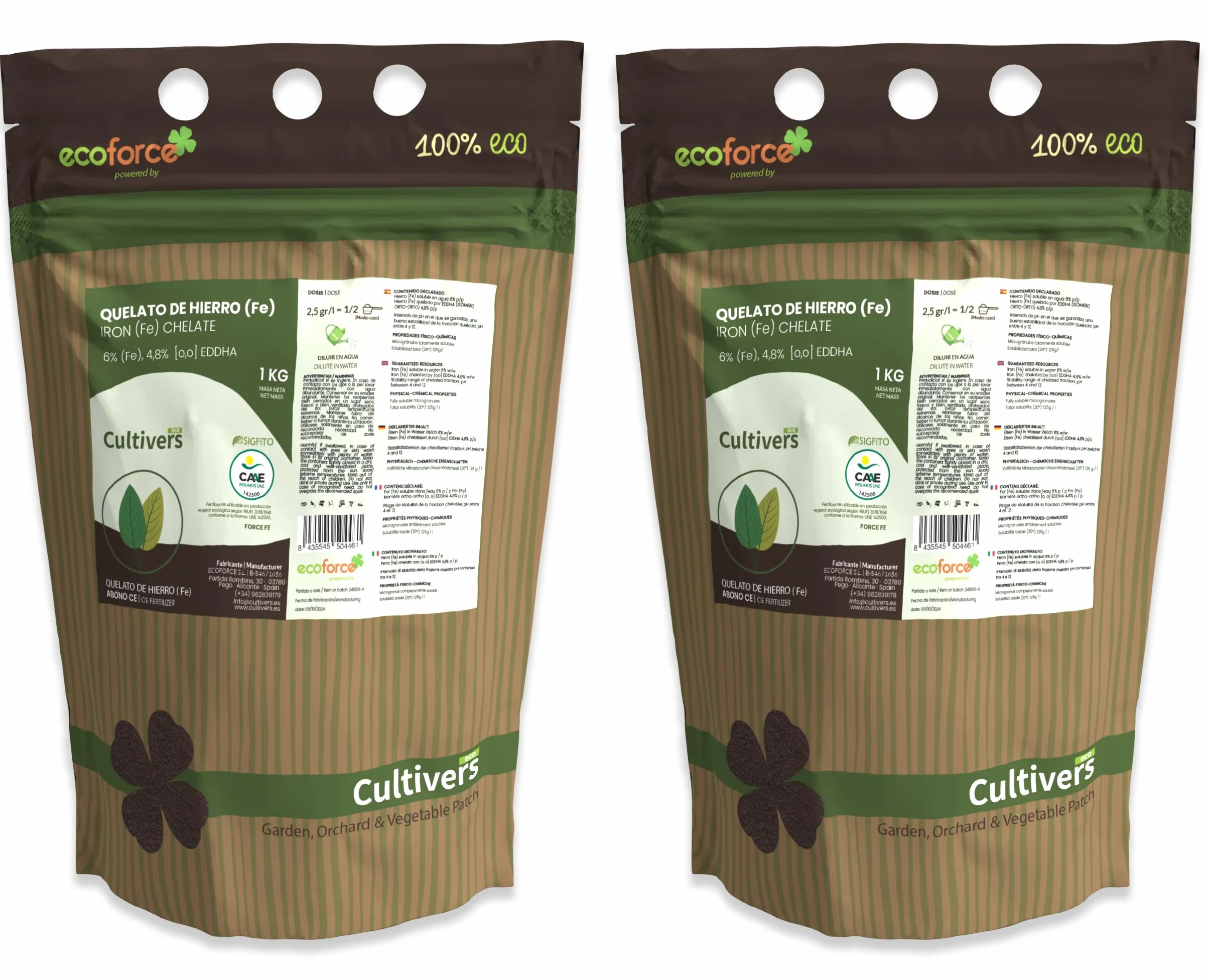 CULTIVERS Quelato de Hierro Ecológico 2x1 kg | Abono soluble con Hierro Fe-EDDHA 6% (orto-orto 4,8%) para Plantas y Cultivos en Suelos con Baja Disponibilidad de Hierro