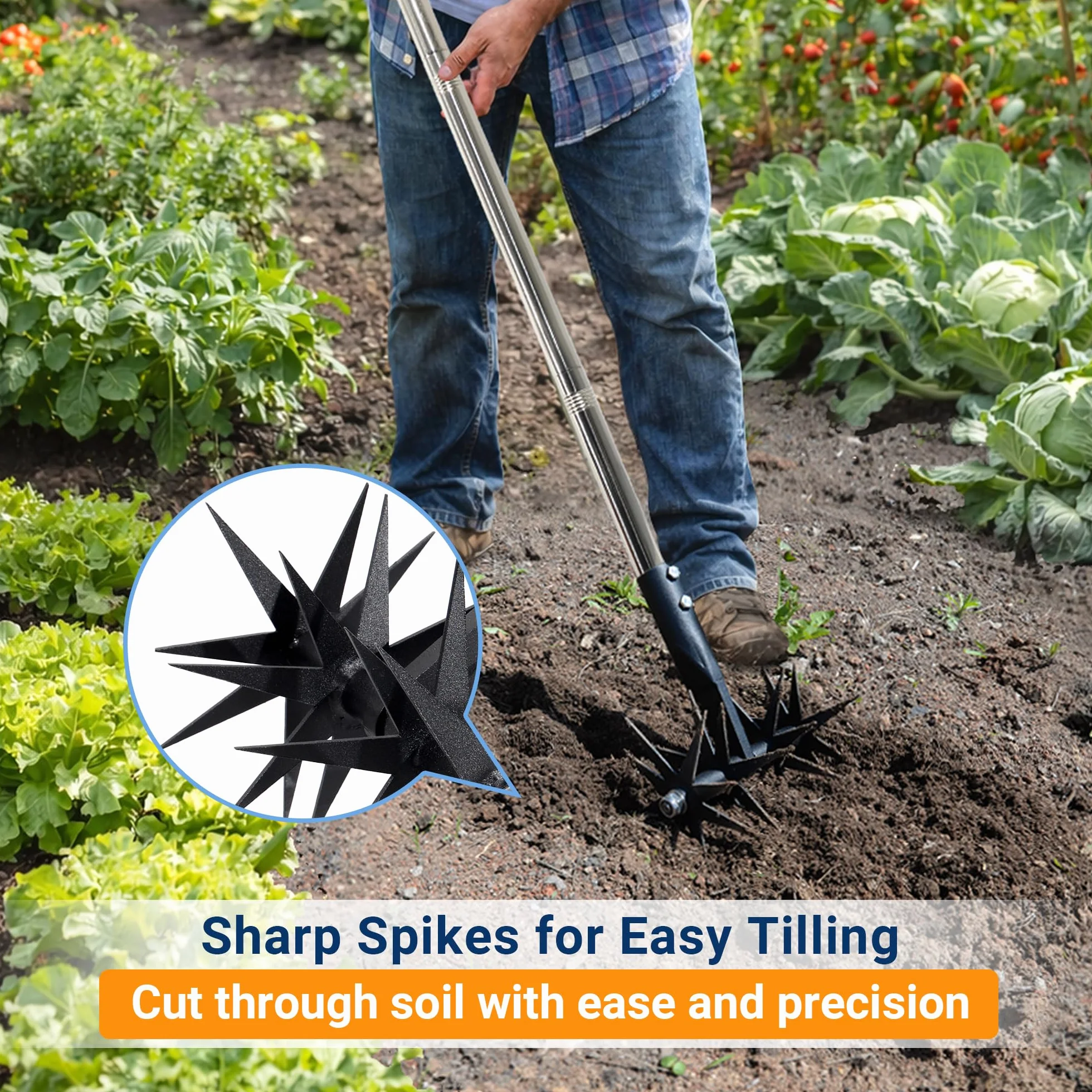 Cultivador giratorio de 66 pulgadas con púas de acero templado con resorte y mango de acero inoxidable ajustable, herramienta manual de cultivador de jardín para aflojar el suelo y mezclar