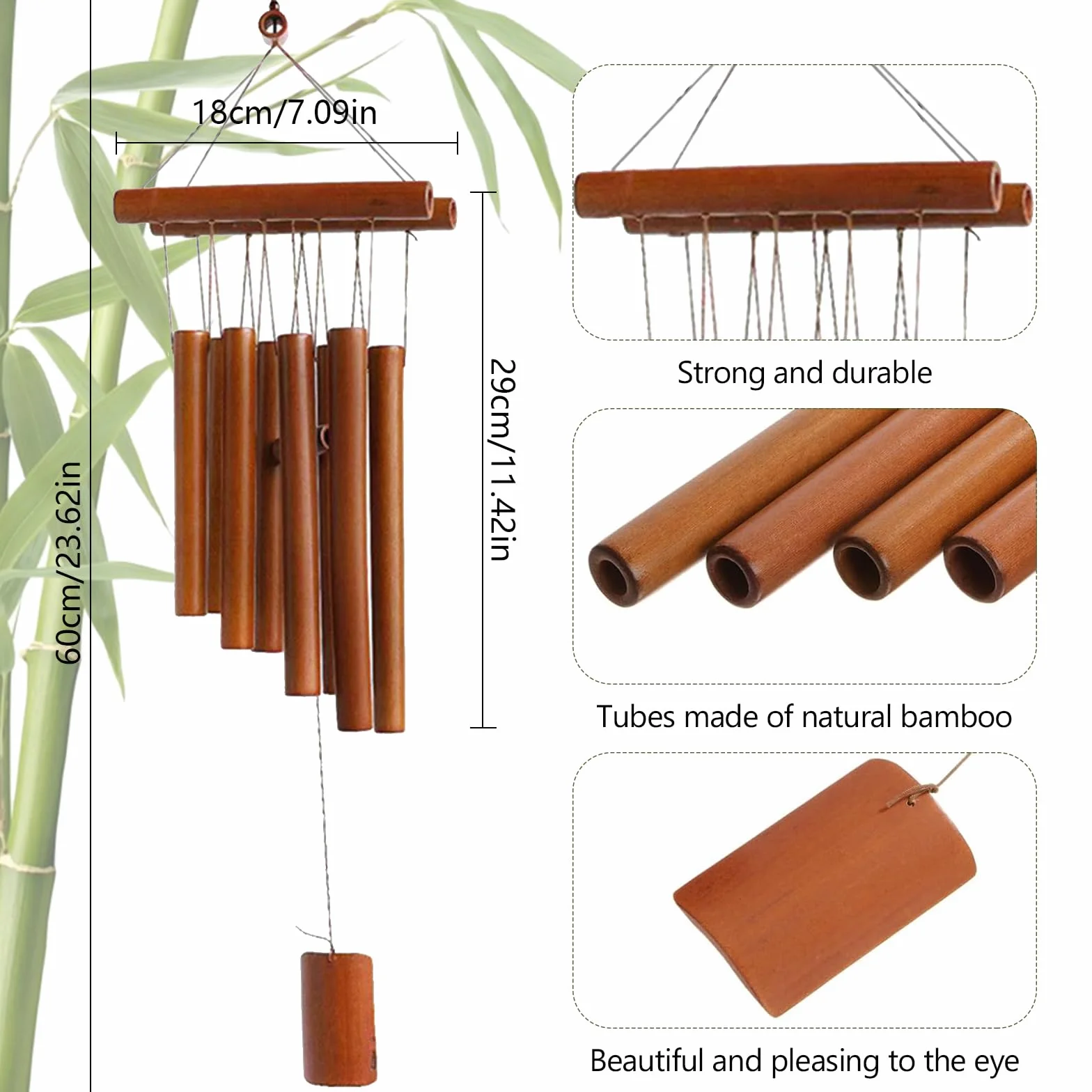 Campanillas de Viento, Campas de Viento de Bambú, Campanillas de Eólica Colgantes, Carrillón de Madera para Exteriores e Interiores, para Terraza, Jardín, Balcón, Patio, Color de la Madera