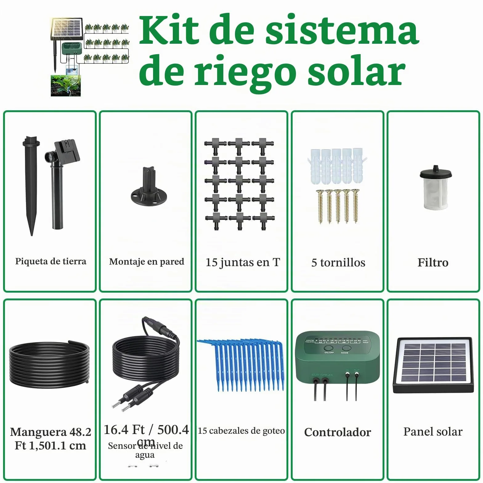 SoulBay Kit de Riego Automático Solar con Temporizador de 12 Modos y Tubo de 150 cm para Plantas en Macetas de Jardín, Interiores y Exteriores