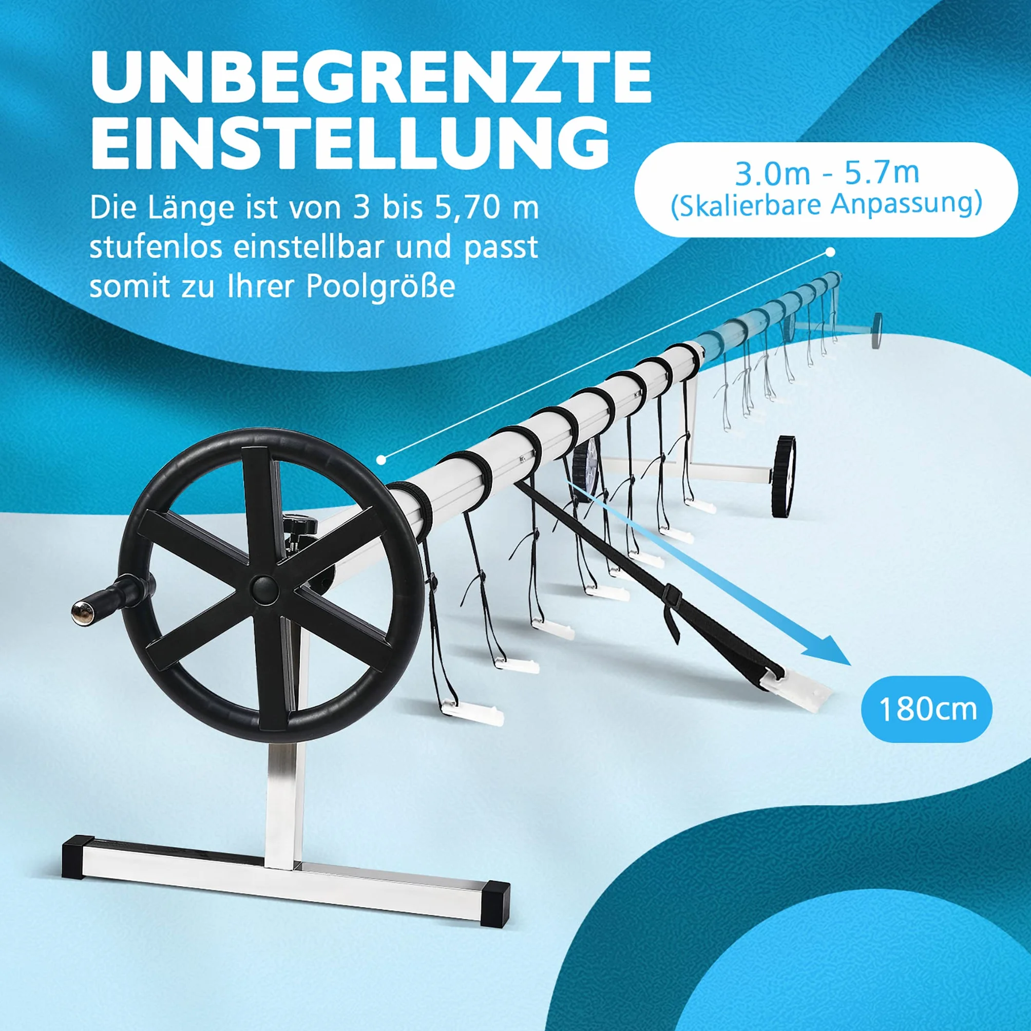 NAIZY Sistema de Enrollado para Piscina 3m - 5,7m Enrollador de Piscina Dispositivo móvil Enrollable con Ruedas Carrete de Piscina Que Incluye 8 Clips para Lona y Cubierta de Piscina, Tipo A