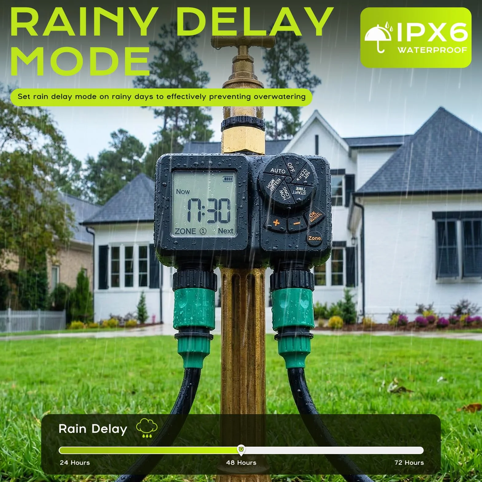 Programador de Riego 2 Salidas, 2000mAh Recargable IPX6 Impermeable Temporizador Riego con Entrada de Latón, LCD 2.8", Retardo por Lluvia, Riego Automático y Manual para Jardín, Patio, Césped