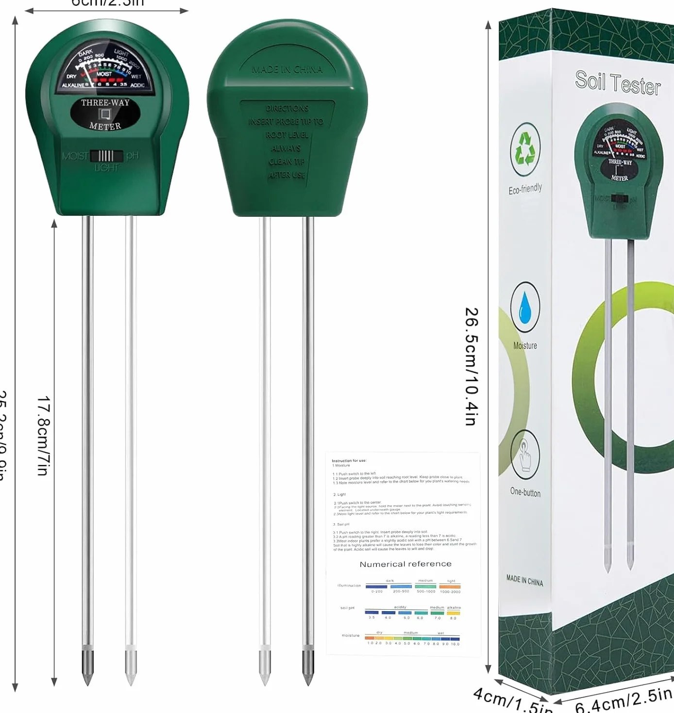 3 en 1 Medidor Humedad Plantas, Medidor PH Tierra, Medidor de Humedad/Luz/PH del Suelo, Medidor de PH de Suelo, Doble Sonda Higrómetro de Suelo, para Plantas de Interior&Exterior,No Necesita Pilas