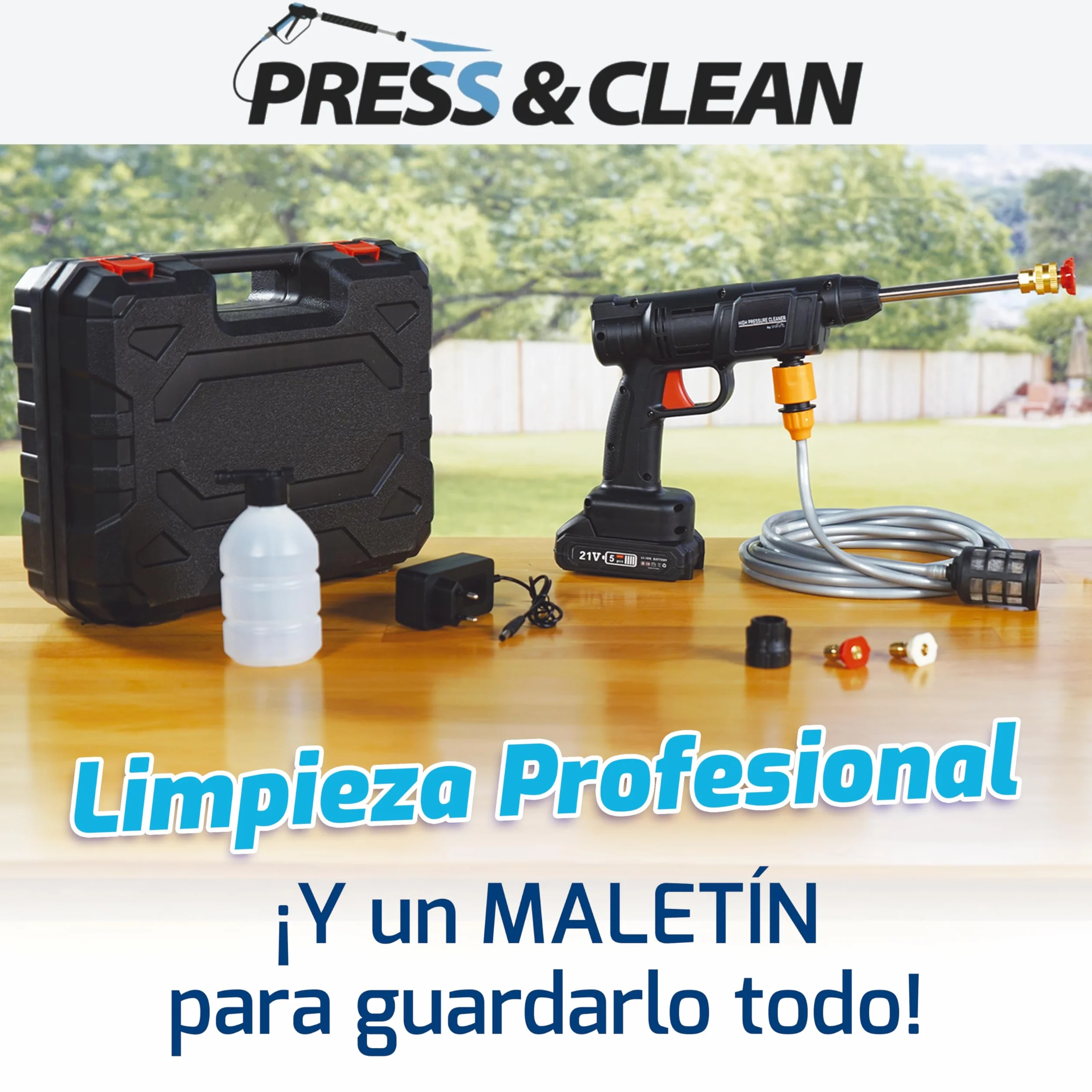 Press & Clean: Pistola de lavado de Alta Presión Portátil Sin Cables, Recargable. Accesorios: Cargador, Manguera presurizada con filtro, Dispensador jabón, Adaptador botellas, 2 Boquillas atomizadoras
