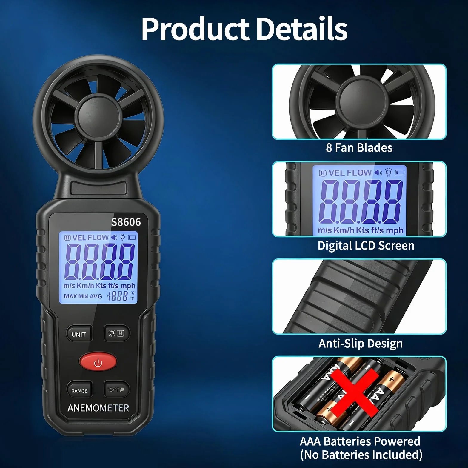 Anemómetro Digital Portátil 3 en 1 con Pantalla LCD Retroiluminada, Medidor de Velocidad del Viento, Temperatura y Flujo de Aire, Funciones MAX/MIN/AVG, para Navegación, Drones, Surf y Pesca
