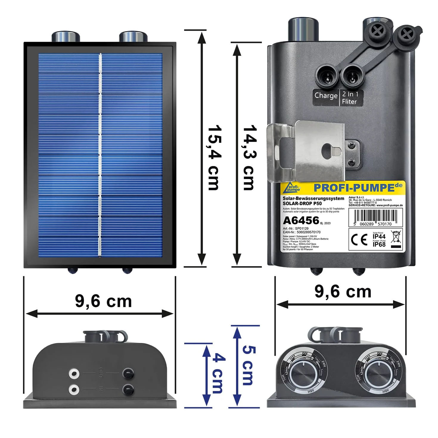 Sistema de riego solar para jardin, riego de plantas Solar-Drop P50, hasta 50 puntos de goteo manguera de 10 m para Jardin