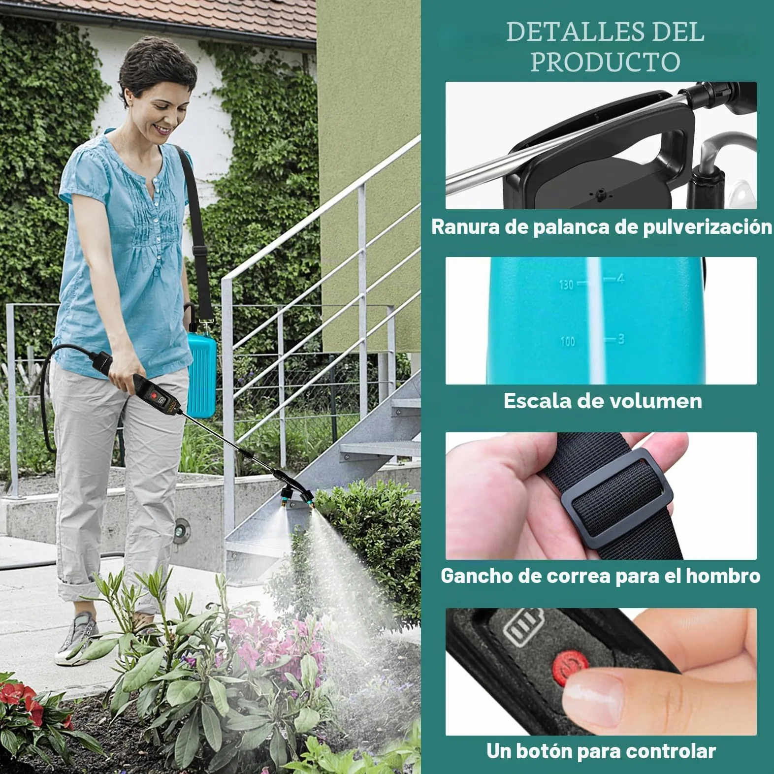 Pulverizador eléctrico de mochila de 10 L, con mango recargable por USB, 4000 mAh, con 4 boquillas