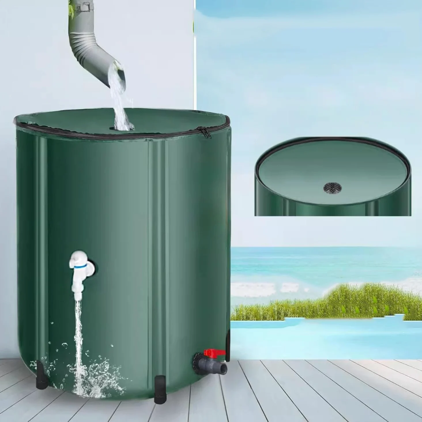 Depósito de recolección de agua de lluvia de 380 L con filtro de malla y grifo, anticorrosión, resistente al moho, a prueba de grietas, ideal para riego de jardín, solución de almacenamiento de agua