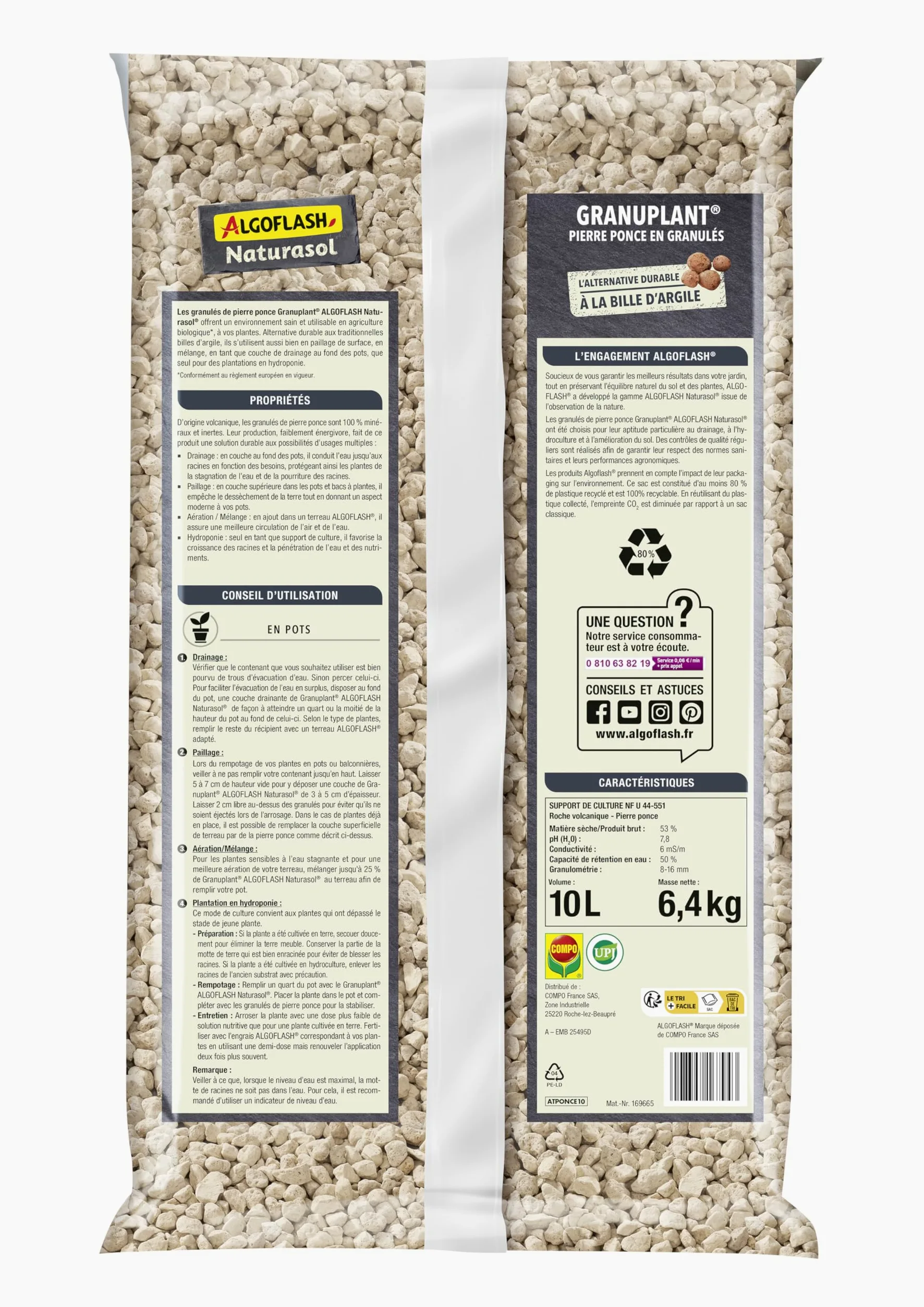 Algoflash Naturasol Granulado de drenaje y plantación – Piedra pómez 100% natural – Alternativa duradera a la bola de arcilla – 10 l