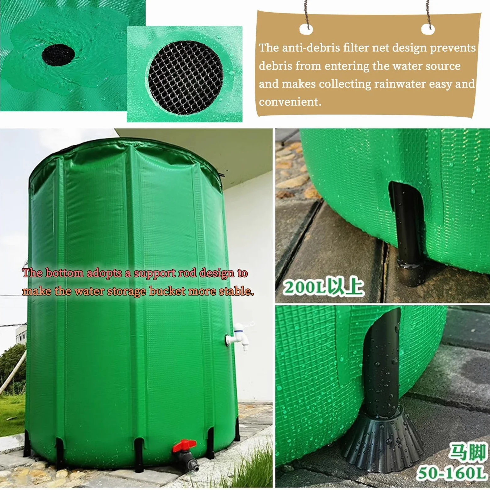 Colector de agua de lluvia portátil con grifo y soporte, diseño plegable para un fácil almacenamiento, ideal para ahorrar agua en el jardín al aire libre