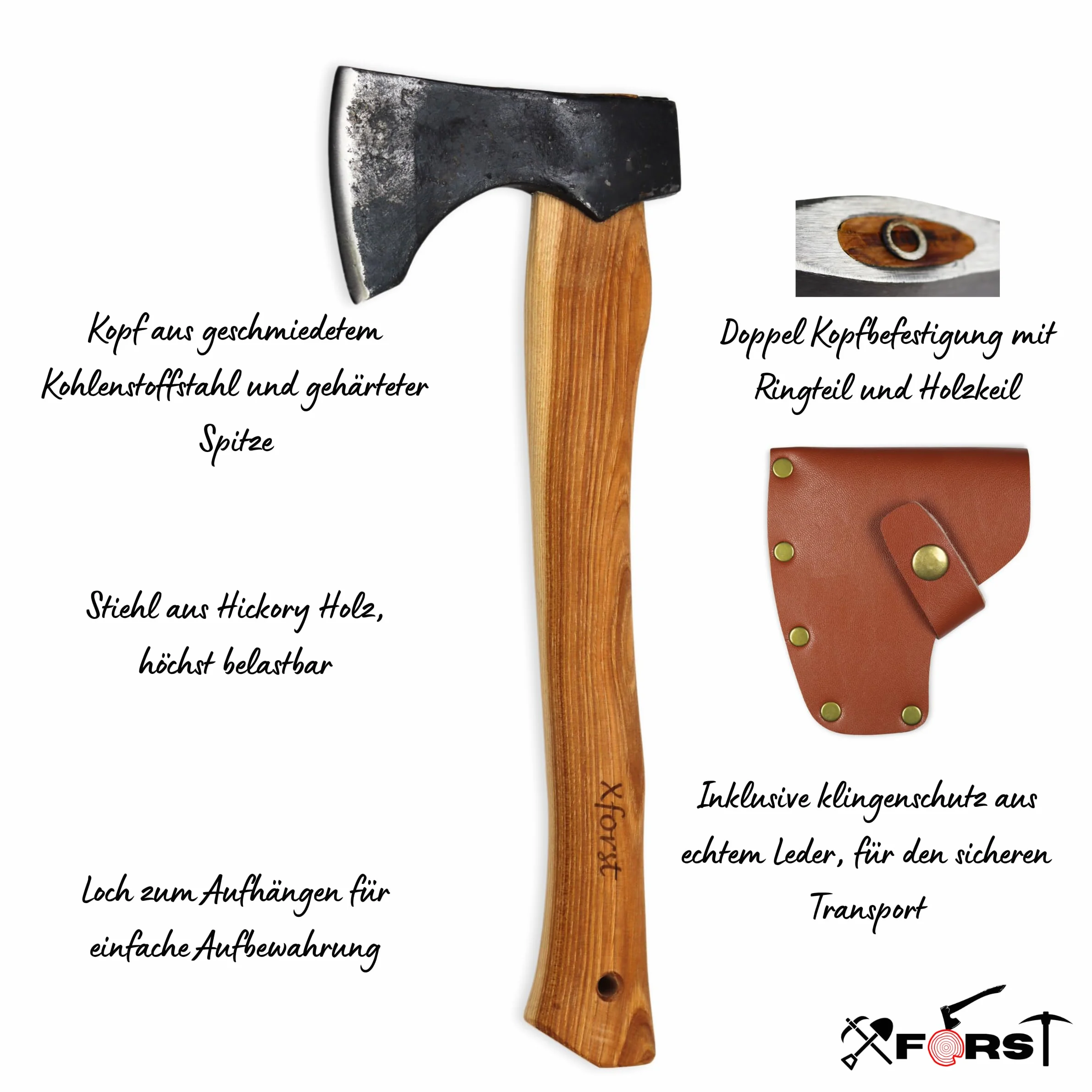 Xforst Hacha, Hachuela con vaina de cuero de acero al carbono forjado afilada, Hacha de mano de supervivencia - Modelo Vikingo X-TA5B