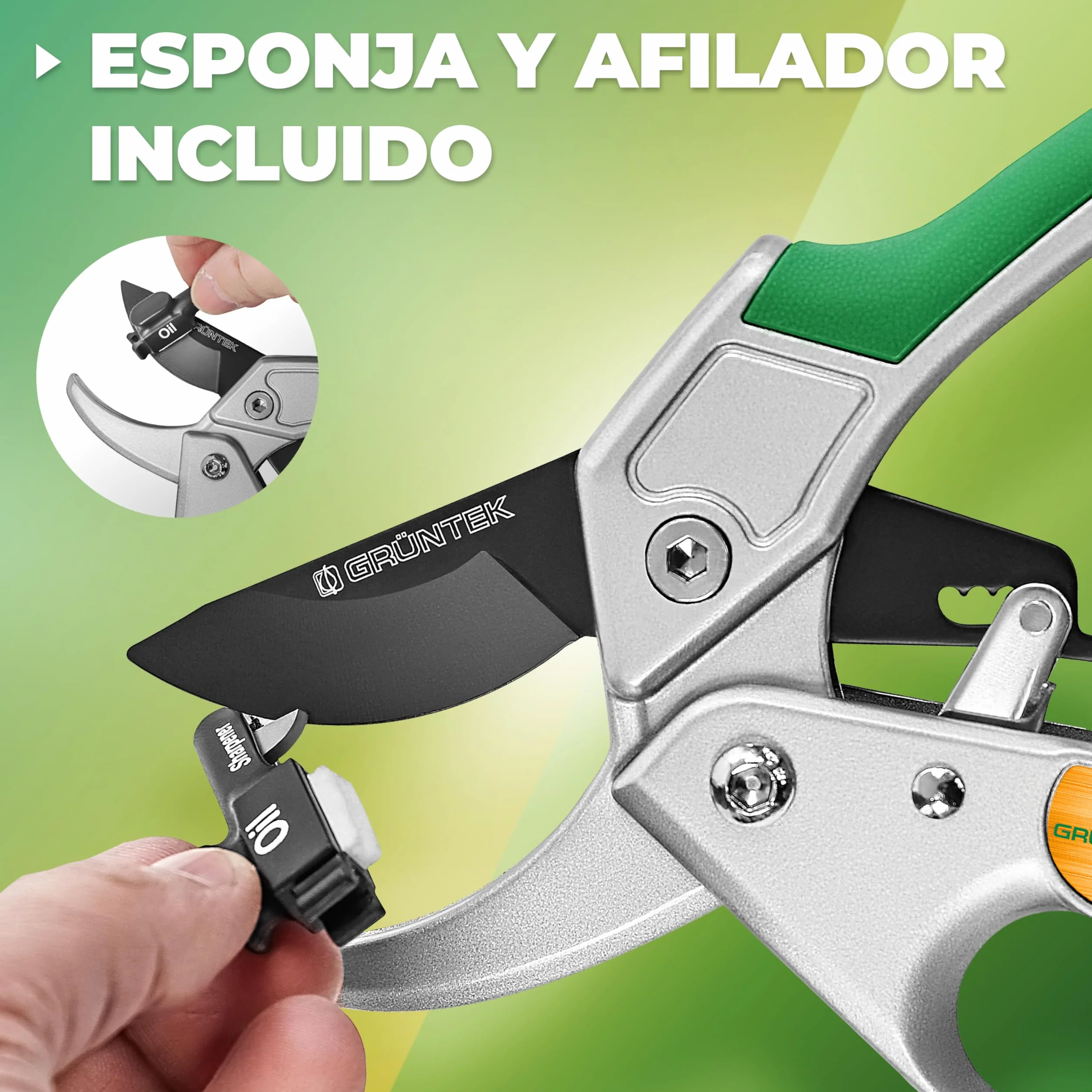 GRÜNTEK Tijeras de Podar Jardín Profesional Cóndor 20cm con Trinquete, Tijera de Yunque Recolectora, Cortarramas con Hoja de Acero Antiadherente y Mangos de Aluminio