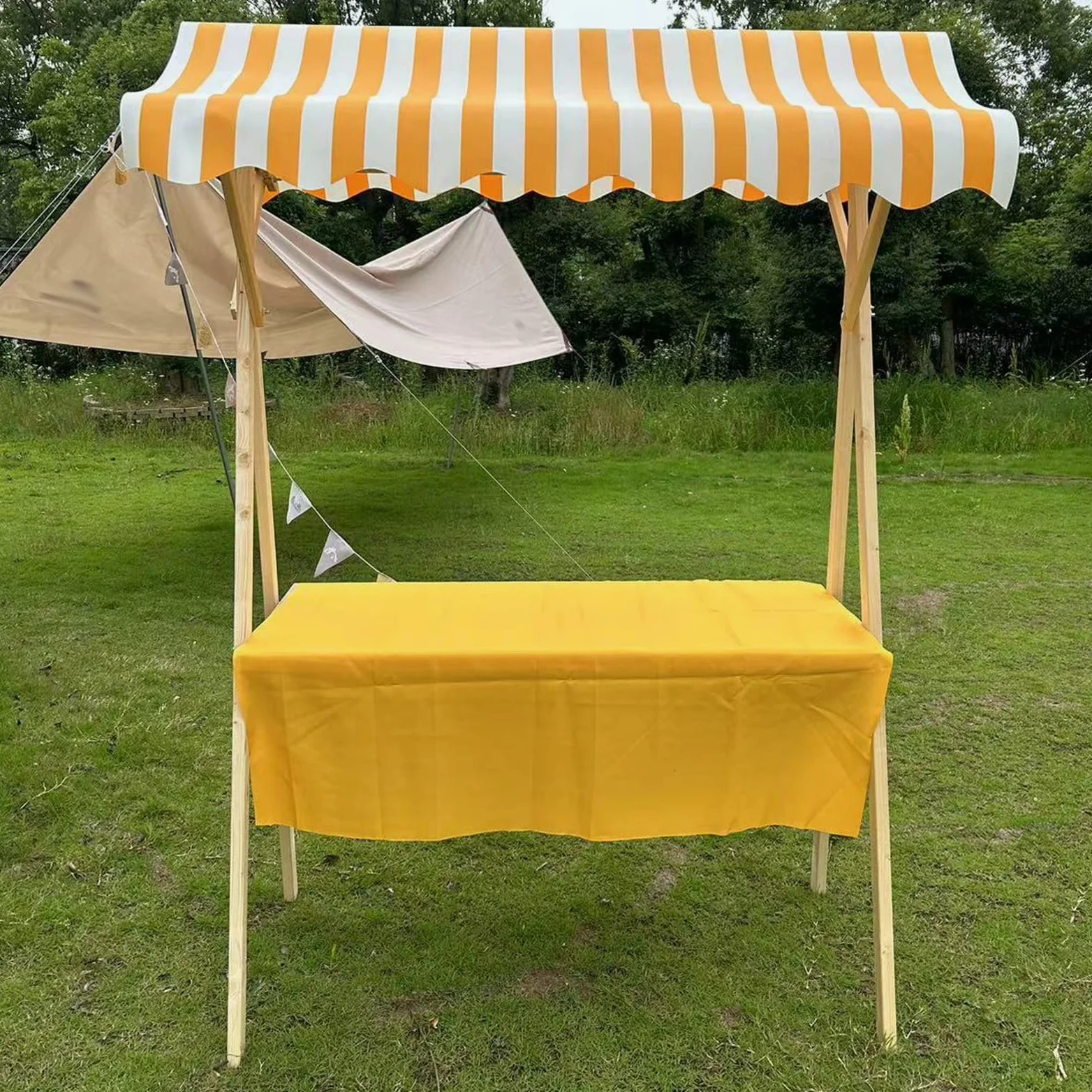 Carritos de Mercado, caseta Plegable de Madera para concesiones en mercados agrícolas y ferias, Carrito móvil con Ruedas, Puesto Playero (Amarillo, 140 cm de Ancho)