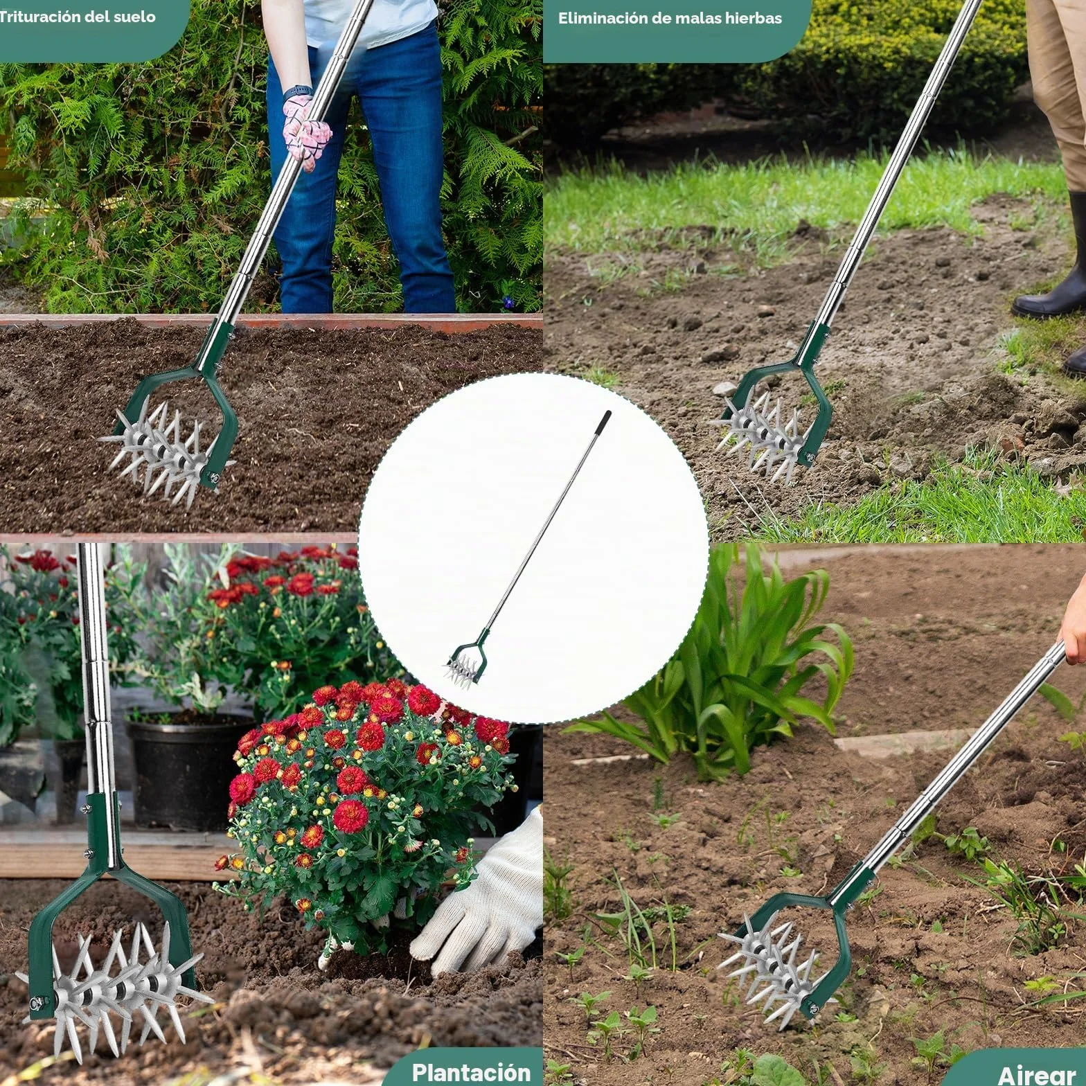 Yeelor Cultivador giratorio con mango ajustable S/S con dientes de metal sólido desmontables, cultivador de jardín, cultivador de césped y cultivador manual para aflojar y mezclar tierra