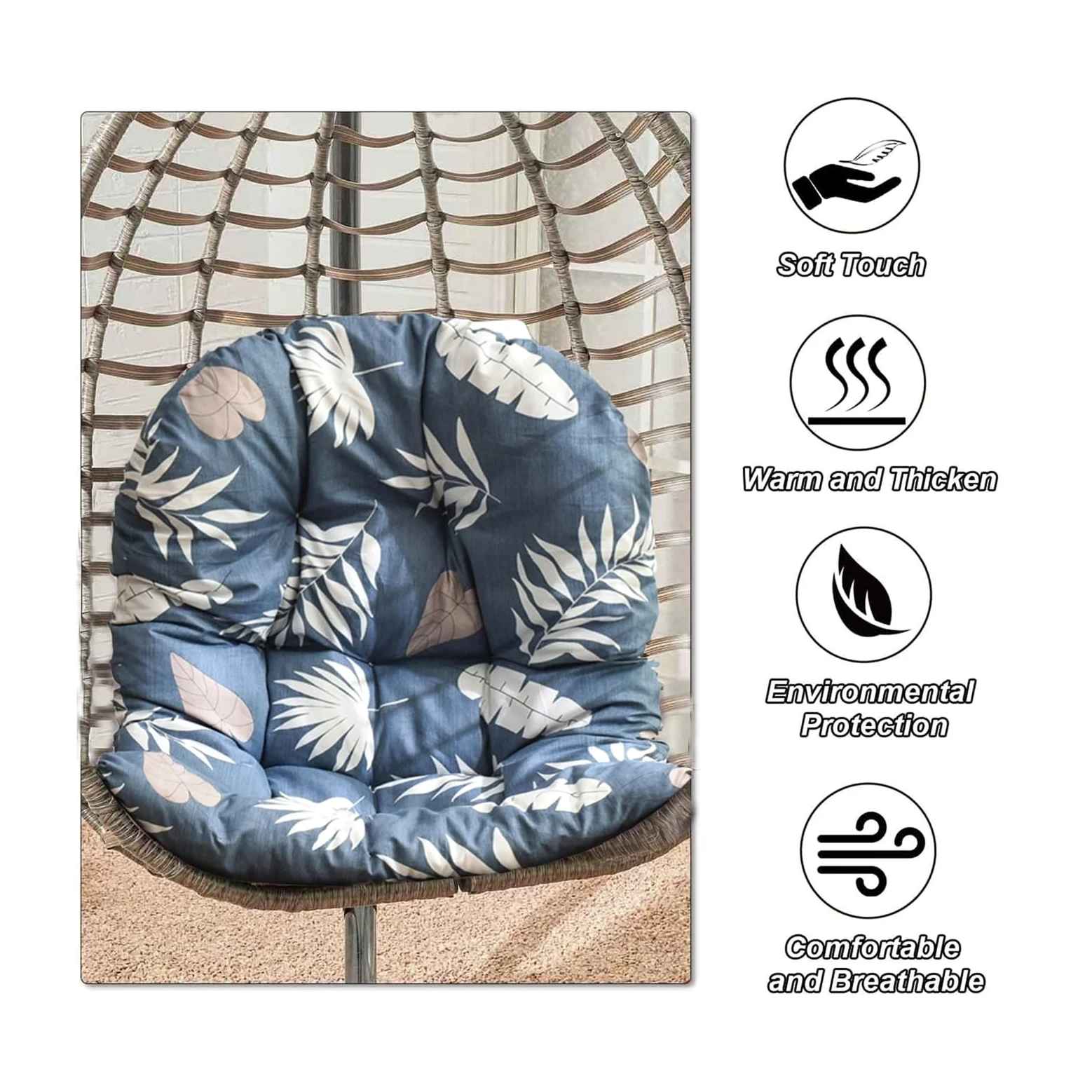 Genérico Cojín de Repuesto para Silla Colgante Tipo Huevo (Exterior), Almohadilla Gruesa, Impermeable y Estampada en Forma de U para Columpios de Patio y jardín