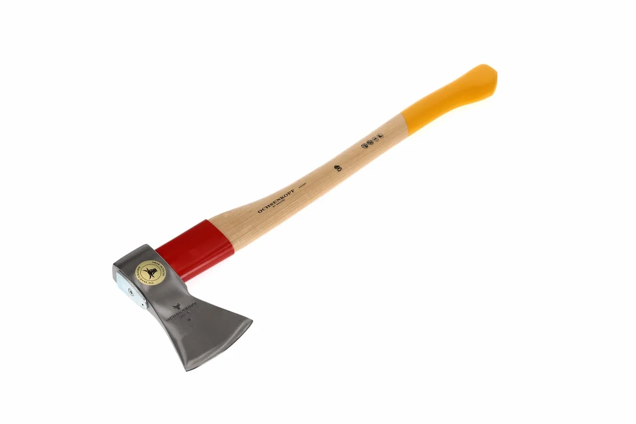 OCHSENKOPF Hacha forestal universal Gold ROTBAND-PLUS, Empuñadura de madera de pacana, Hoja pulida de 120 mm, Longitud 700 mm, OX 620 H-1257 | Forma renana con soporte Rotband-Plus, mango duradero de madera de nogal
