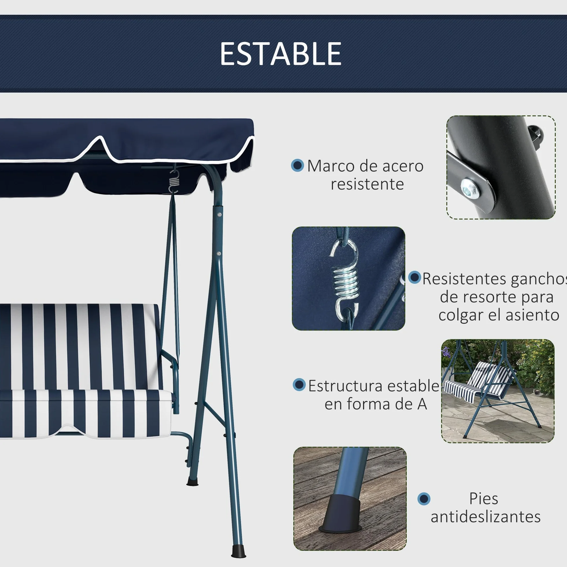Outsunny Columpio de Jardín Exterior de 3 Plazas, Balancín de Jardín Exterior con Techo Ajustable y Marco de Acero, para Balcón, Terraza, Patio, Carga 240 kg, 172x110x153 cm, Raya Azul
