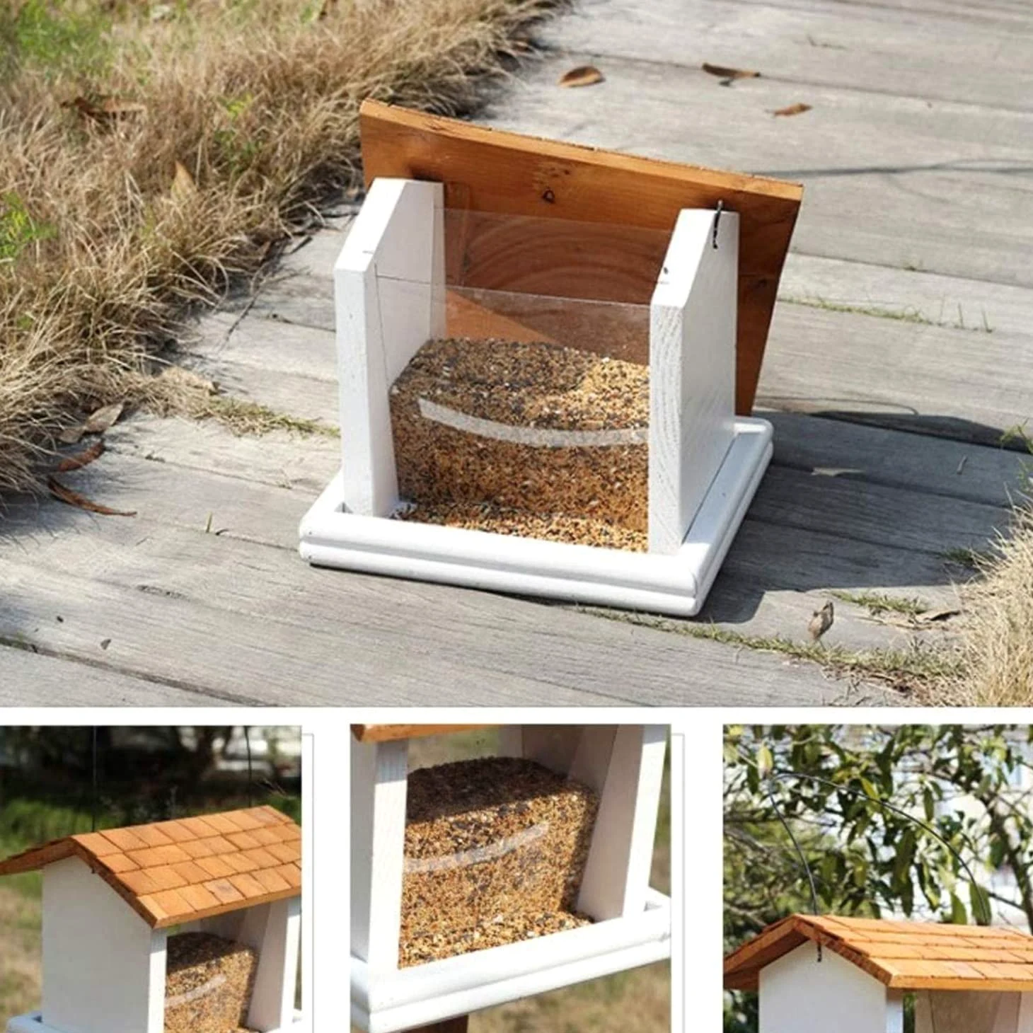 Comedero Pajaros Exterior Jardín De Alimentación Pájaros Madera Casa Salvajes Alimentador Al Aire Libre Colgando A Prueba Lluvia Balcón Patio