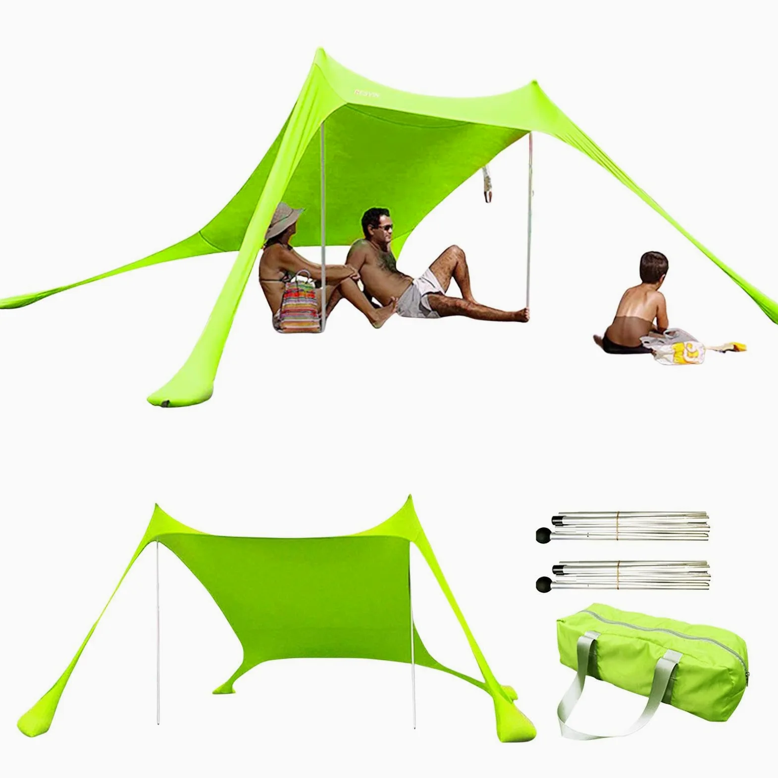 Toldo De Playa Portátil con Protección UV, Tienda Familiar 210x150x170 Cm De Transpirable, Refugio Solar Ajustable con 2 Postes, para Camping, Jardín Y Picnic