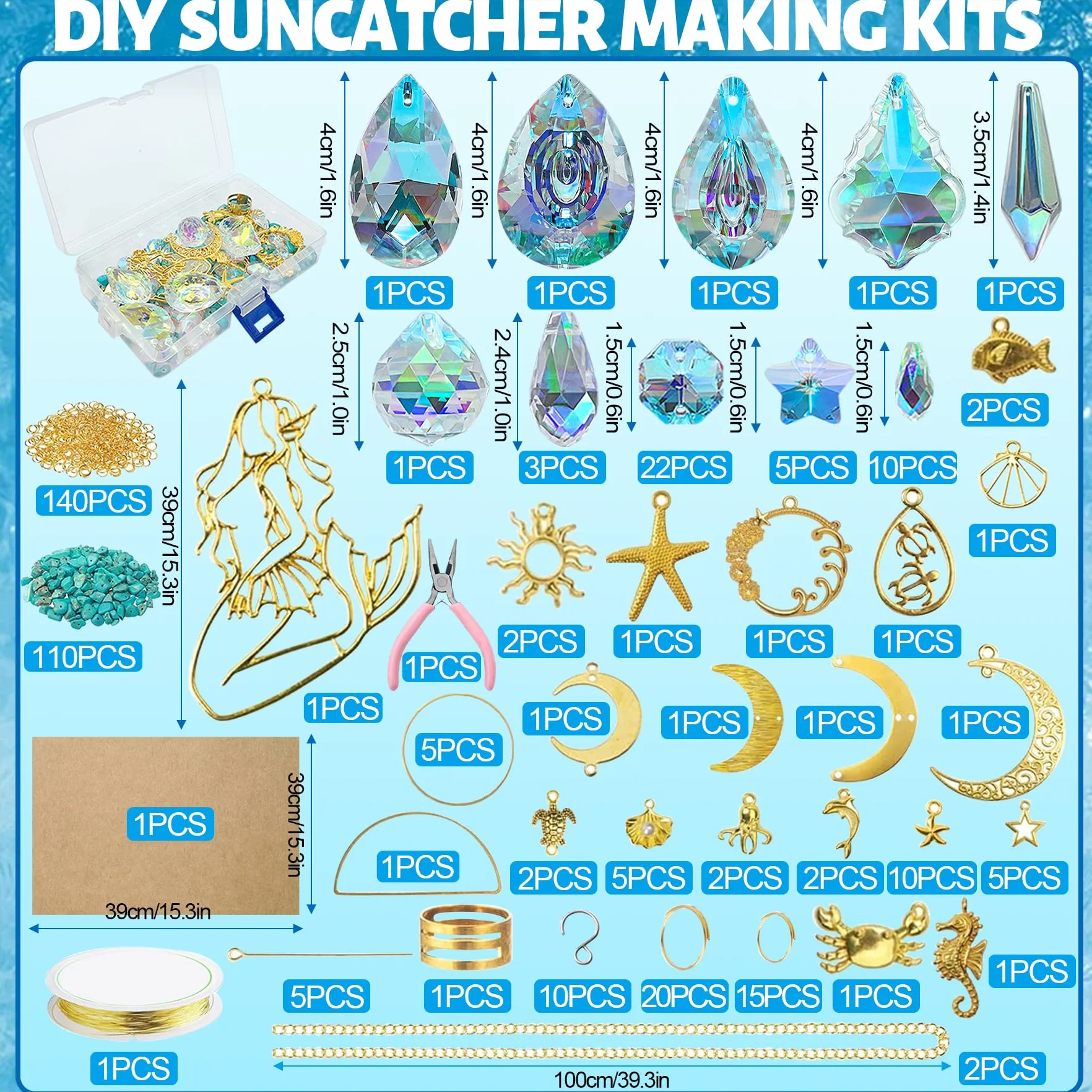 VEEKAY Atrapasoles Cristal Colgante,425 Piezas DIY Kits para Hacer atrapasoles,DIY Bola de Cristal Prisma con Cuentas/Cadenas/Anillos,Colgante de Cristal Arcoíris para Ventana Jardin Fiesta Decor