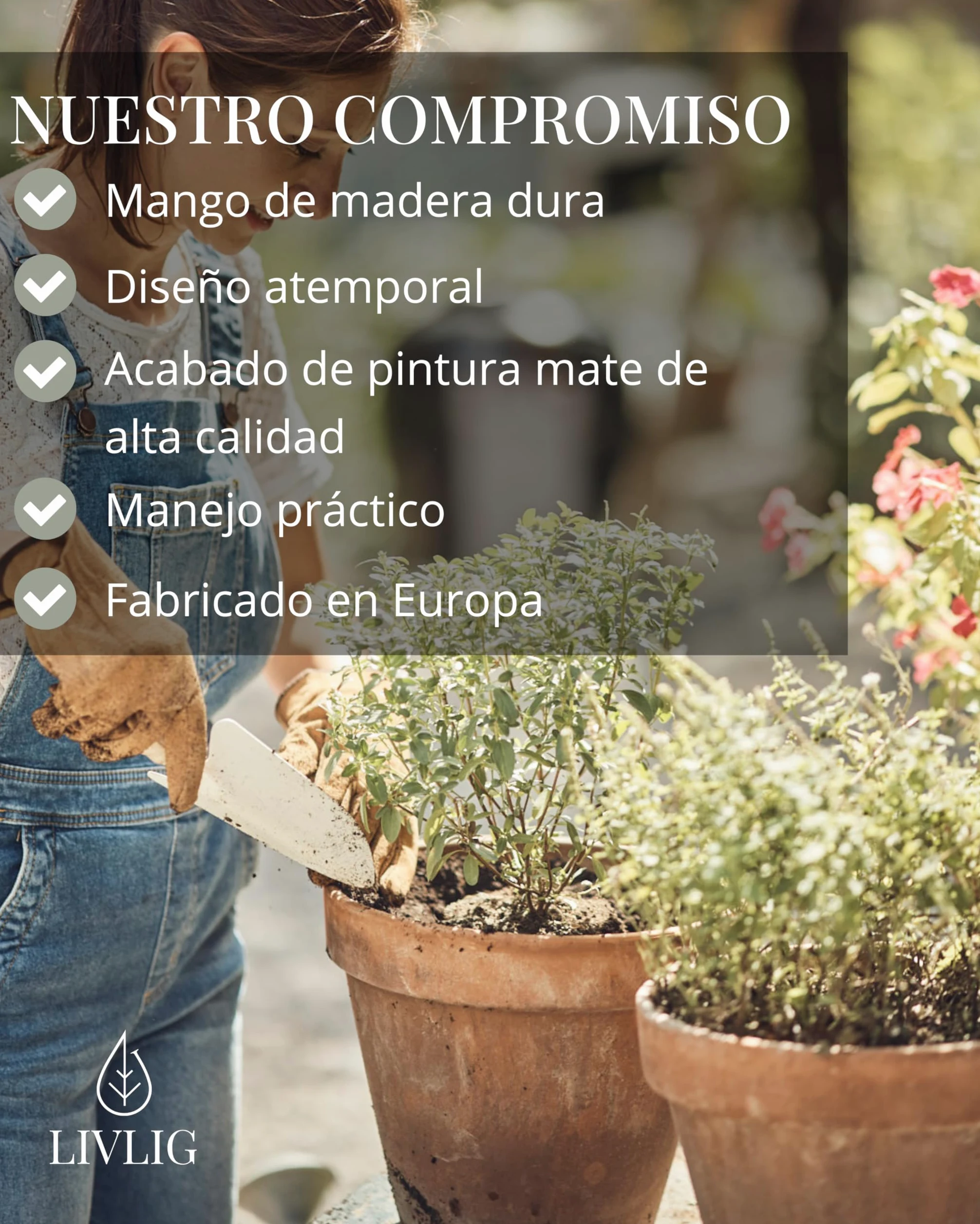 LIVLIG Juego de herramientas de jardín, juego de herramientas de jardín compuesto por pala, rastrillo, azada con tenedor, mango de madera de roble