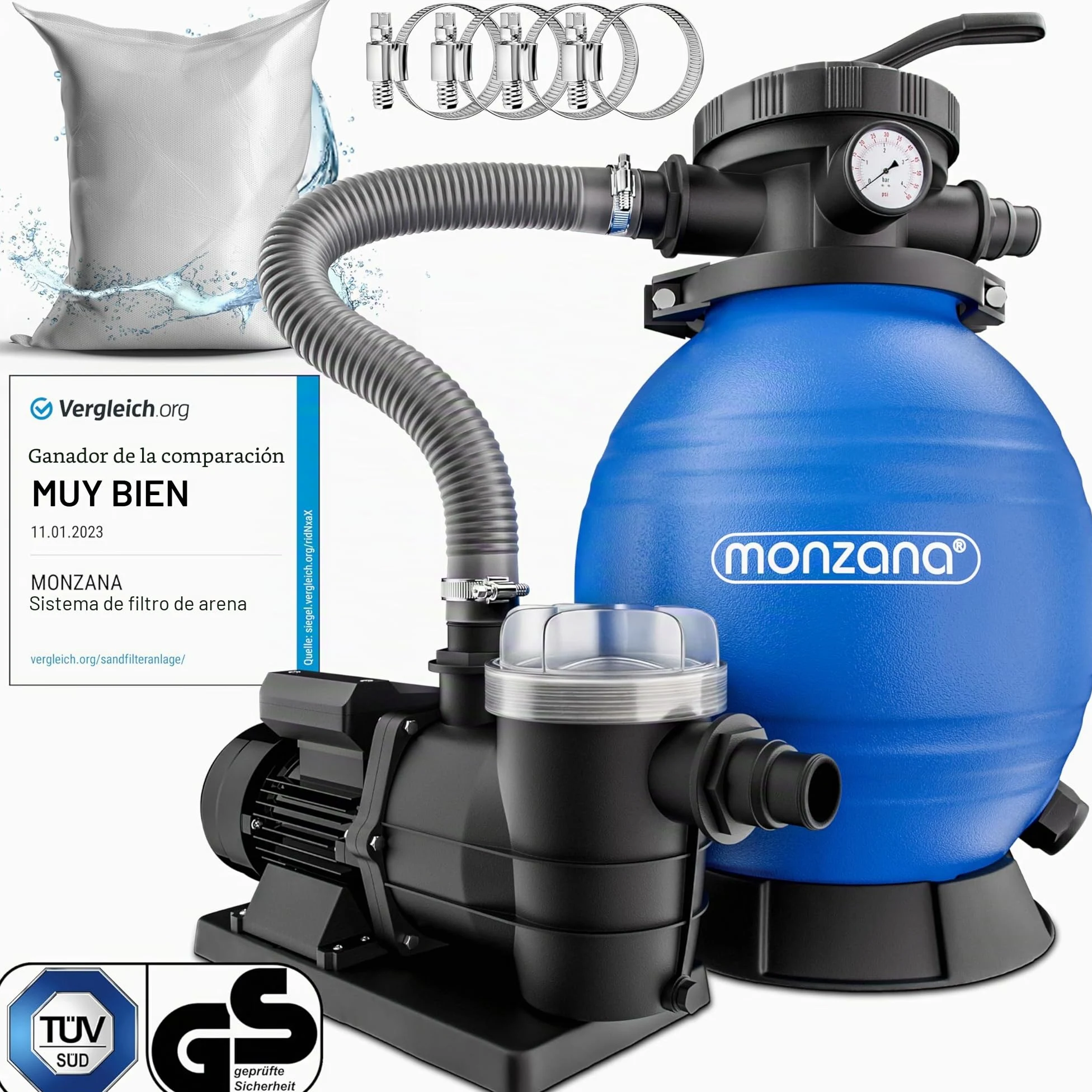 MONZANA Depuradora Piscina 9.600L/h | Filtro Arena 30.000L, Vidrio Filtrante, Valvula 7 Funciones Filtrado, 400W, Bomba, Indicador Presión, Adaptador Ø32-38mm