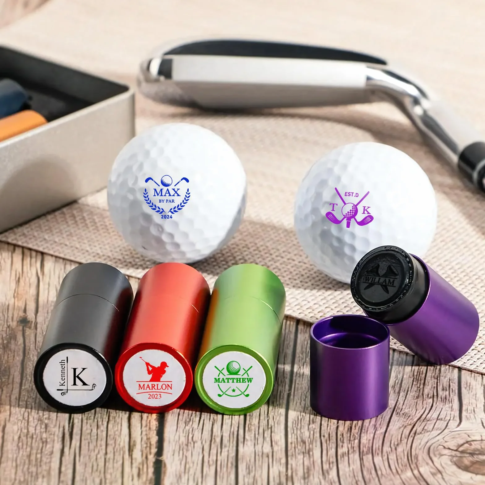 Sello de pelota de golf personalizado con estuche de almacenamiento de metal, marca reutilizable