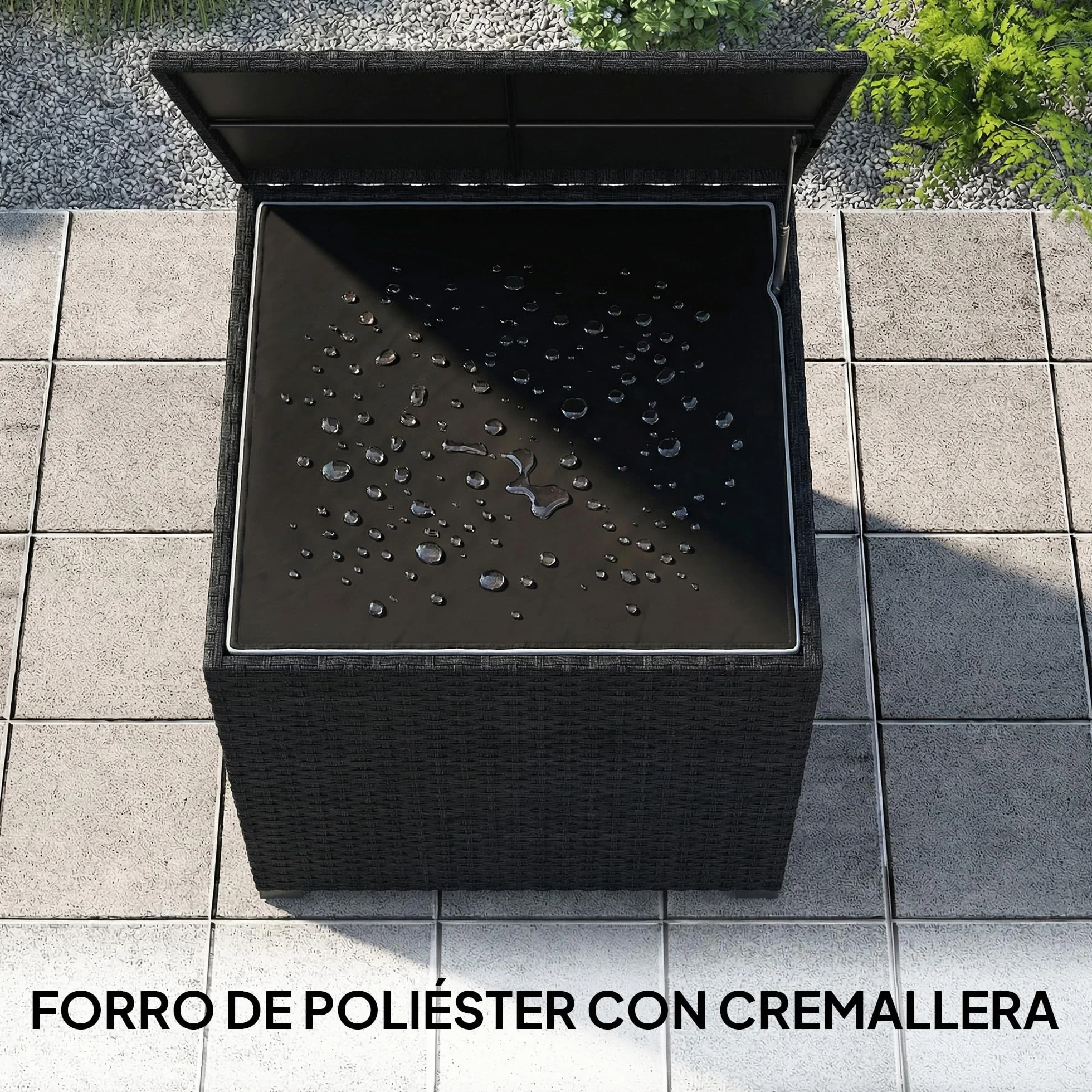 Outsunny Baúl de Almacenaje Exterior de Ratán Sintético de 253L, Arcón Exterior con Varilla Hidráulica, Forro con Cremallera y Marco de Acero, Carga 50 kg, para Jardín, Terraza, 72x72x70 cm, Negro