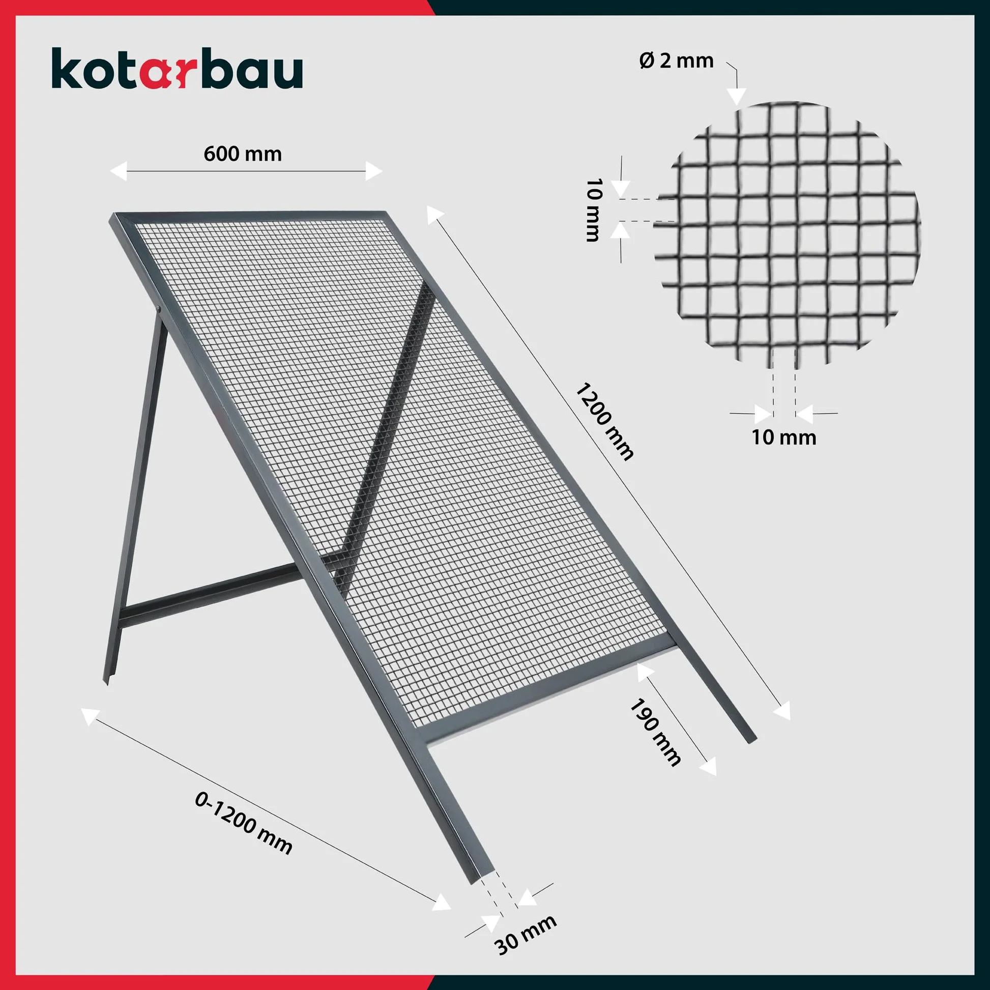 KOTARBAU® Cribas de Arena - Cedazo Arena 10 x 10 mm - Tamiz de Tierra - Acero - 60 x 120 cm - Gris - Criba de Compost
