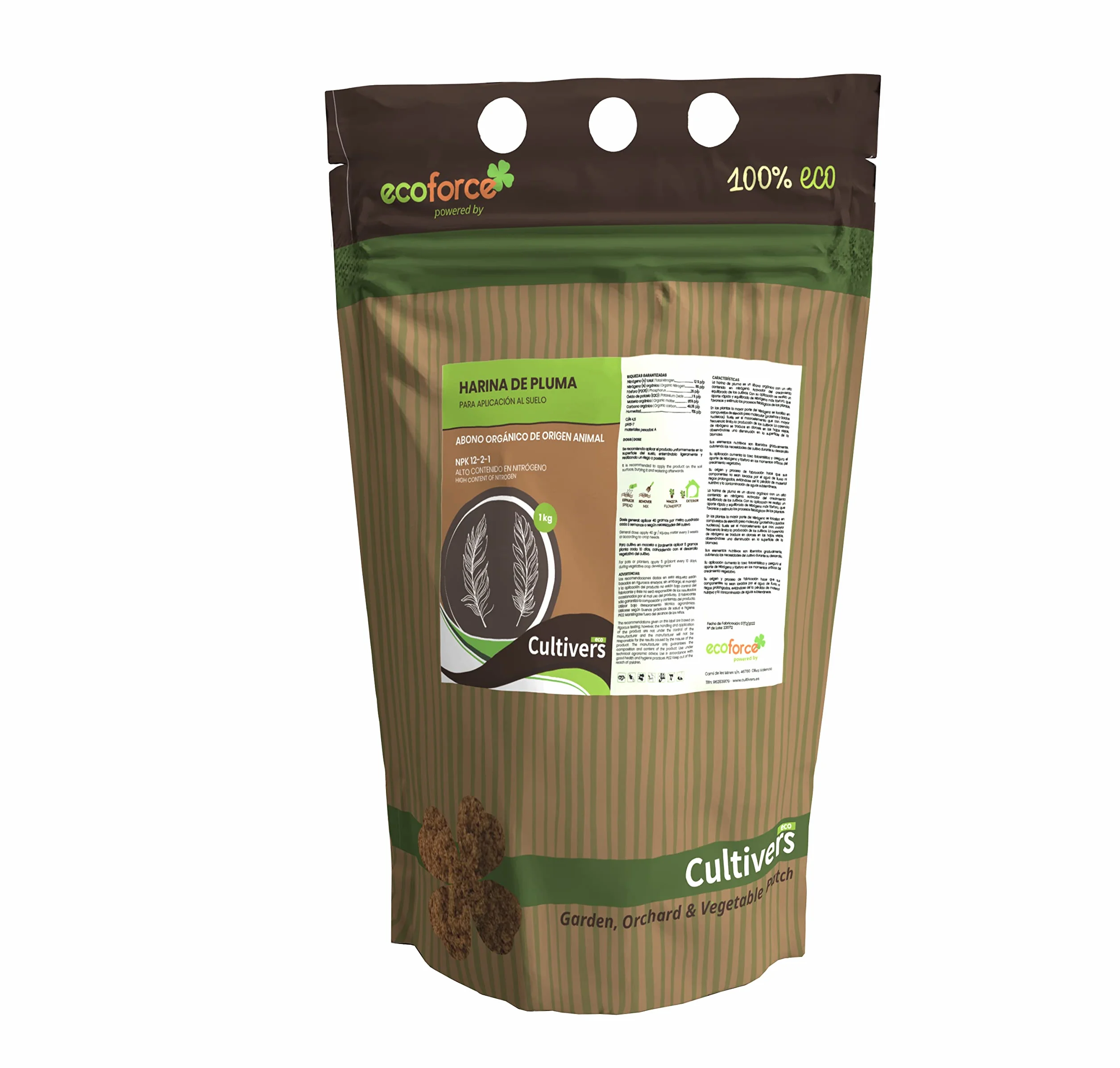 CULTIVERS Harina de Pluma 1 kg. NPK 12-2-1. Abono orgánico para plantas con alto contenido en Nitrógeno. Huertos, arboles florales/frutales y plantas ornamentales