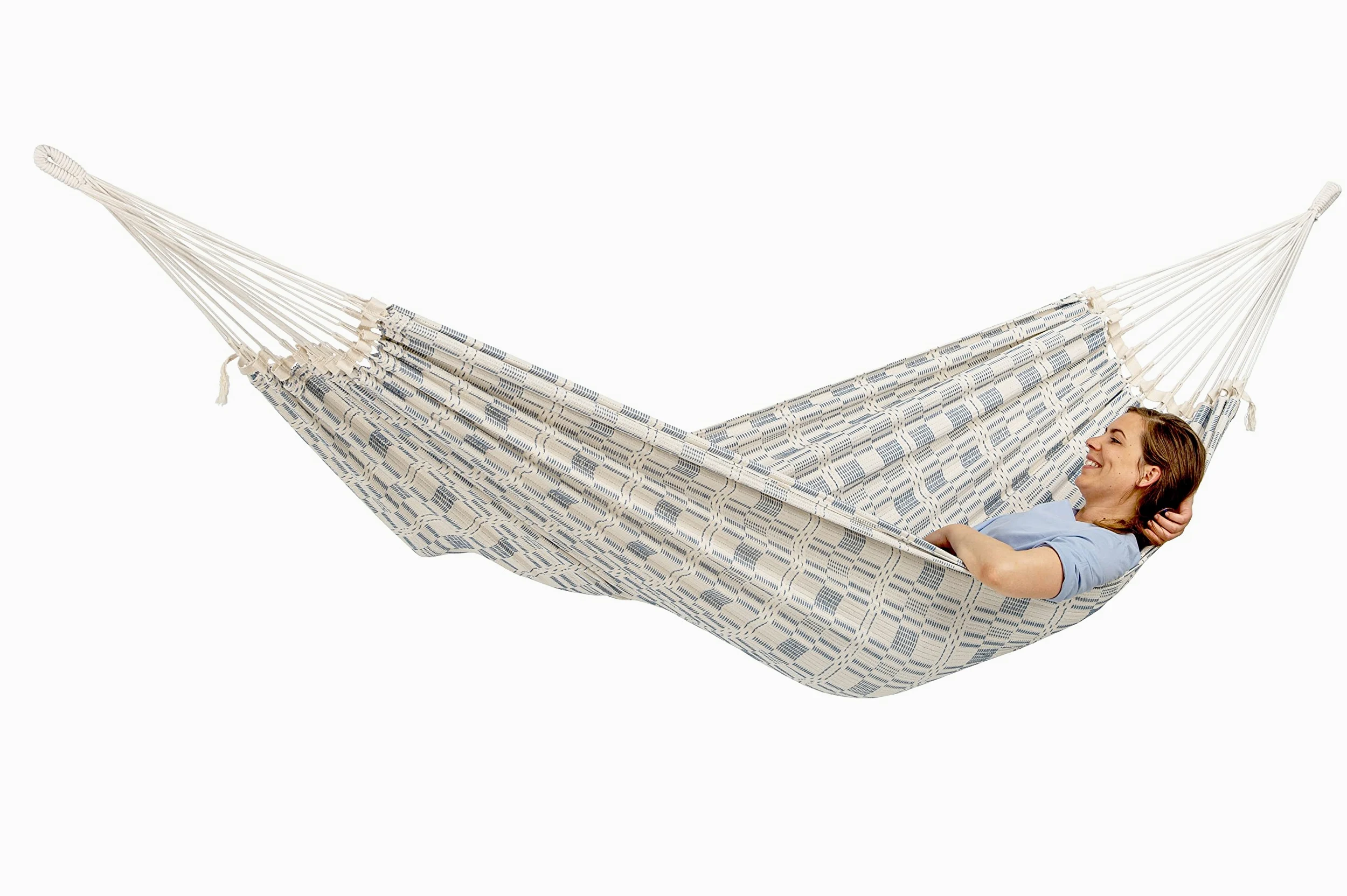 AMAZONAS Hamaca XXL Carioca Azul Jacquard Superficie de Descanso 250 x 175 cm para 2 Personas de hasta 200 kg en Color Azul Natural de algodón Reciclado Suave Muy Estable Aspecto Noble Tejido a Mano