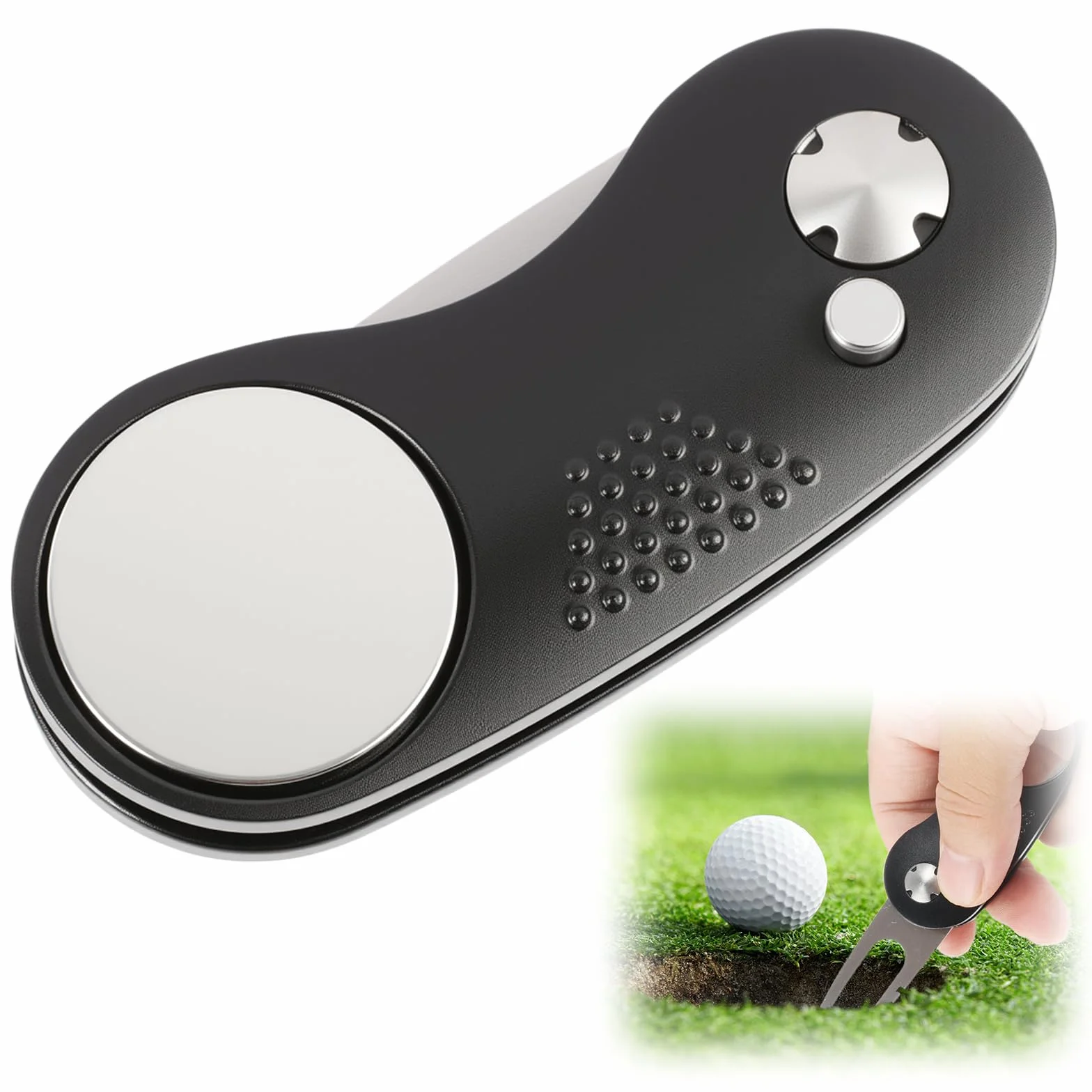 Portapuros Golf Divot Tool Plegable Acero Inoxidable Marcador Magnético Reparación Green