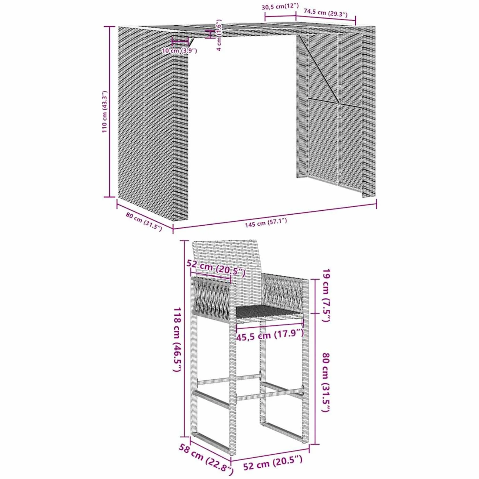 Homgoday Set Bar jardín sin Cojines 5 pzas ratán sintético Acacia Gris Barra Jardin Barra Bar Exterior mesas Altas y taburetes Dimensiones 145 cm