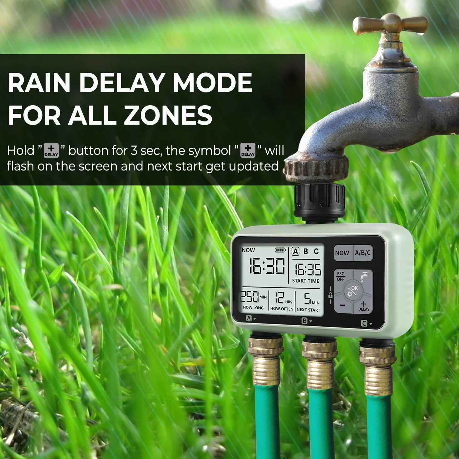 3 Salidas Programador Riego Automático,Johgee Programador de riego, Sistema de riego Controlador/Modo de Bloqueo para niños/Modo automático y Manual/Retraso por Lluvia / IPX5 a Prueba de Agua