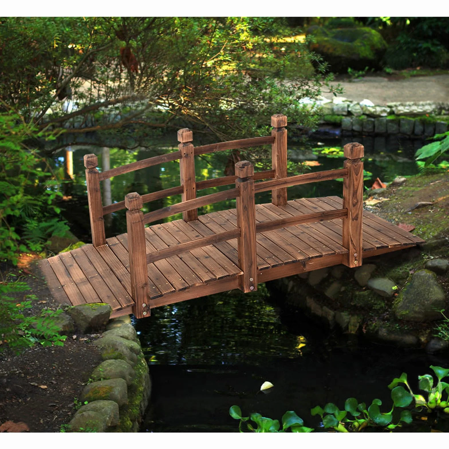 COSTWAY Puente de Jardín Madera para Estanque Jardín Hogar Decorativo con Barandilla 150x67x55 cm (Marrón)