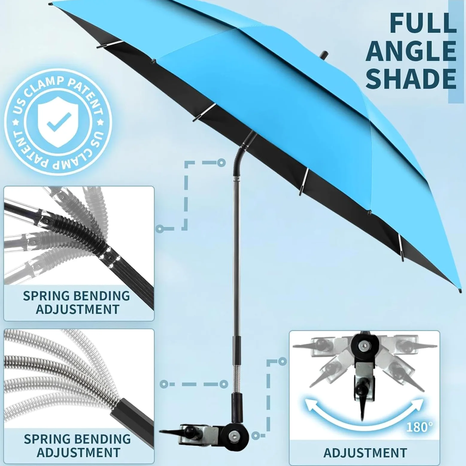 Sombrilla Para Silla Con Abrazadera Dosel Doble Ajustable Con Protección UV | Sombrilla Parasol Para Silla Broncearse Viajes Vacaciones En Playa Camping Pícnic Patio Silla De Ruedas Carritos Golf