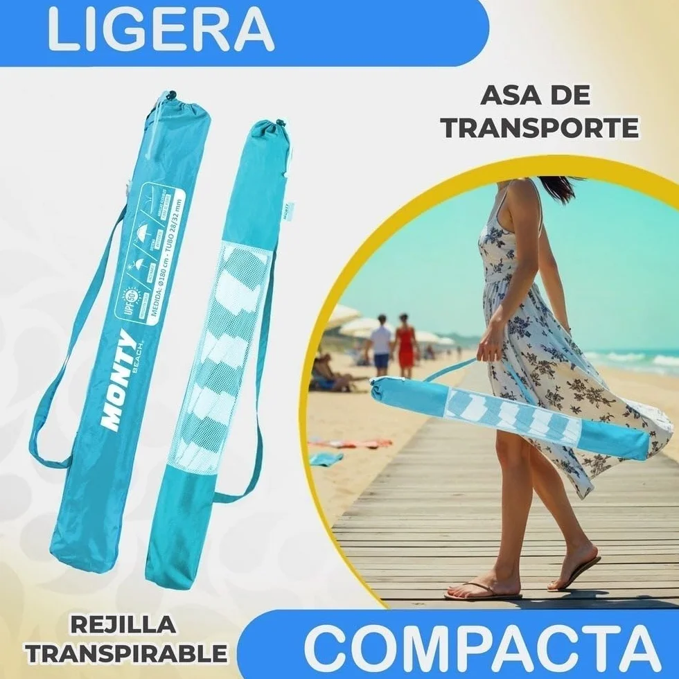 LOLAhome Sombrilla Playa 180 cm y Soporte Arena, protección UV+50, sombrilla antiviento, Varillas Flexibles Fibra Vidrio, Techo ventilación, mástil inclinable y Regulable Altura, Bolsa
