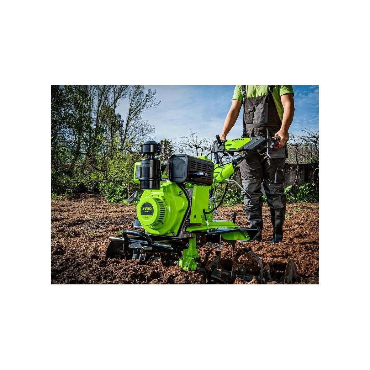 VITO – Motocultor con motor diésel de 7cv con fresas y aporcador, arranque eléctrico, transmisión directa, motoazada, fresas y aporcador