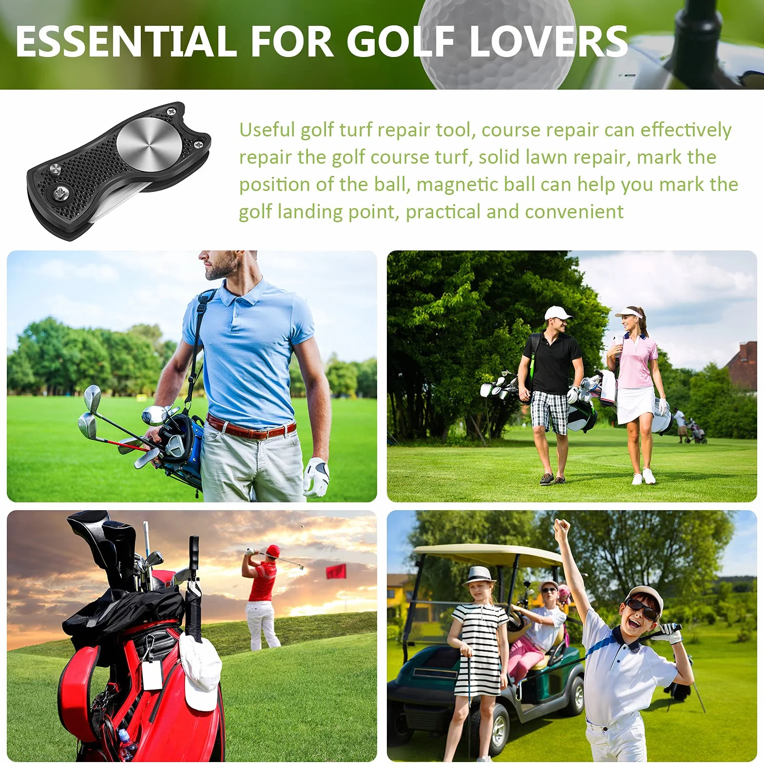 Golf Divot Tool Acero Inoxidable Plegable Horqueta Reparación con Marcador Pelota Negro
