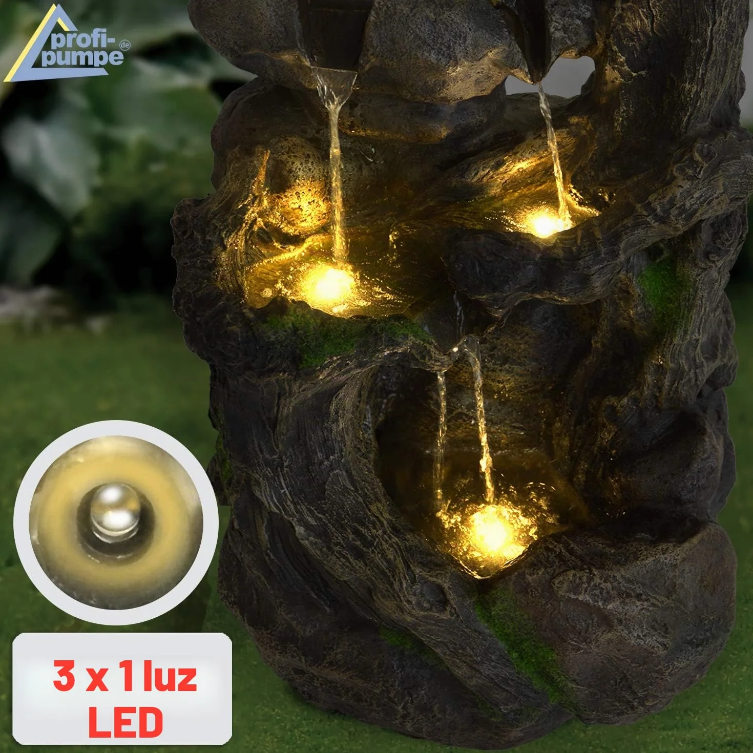 Fuente de Agua Fuente en Cascada Fuente Ornamental Raiz de arbol Fuente de Fuente de Jardin para Jardin, terraza, Balcon con Bomba de Agua y luz LED