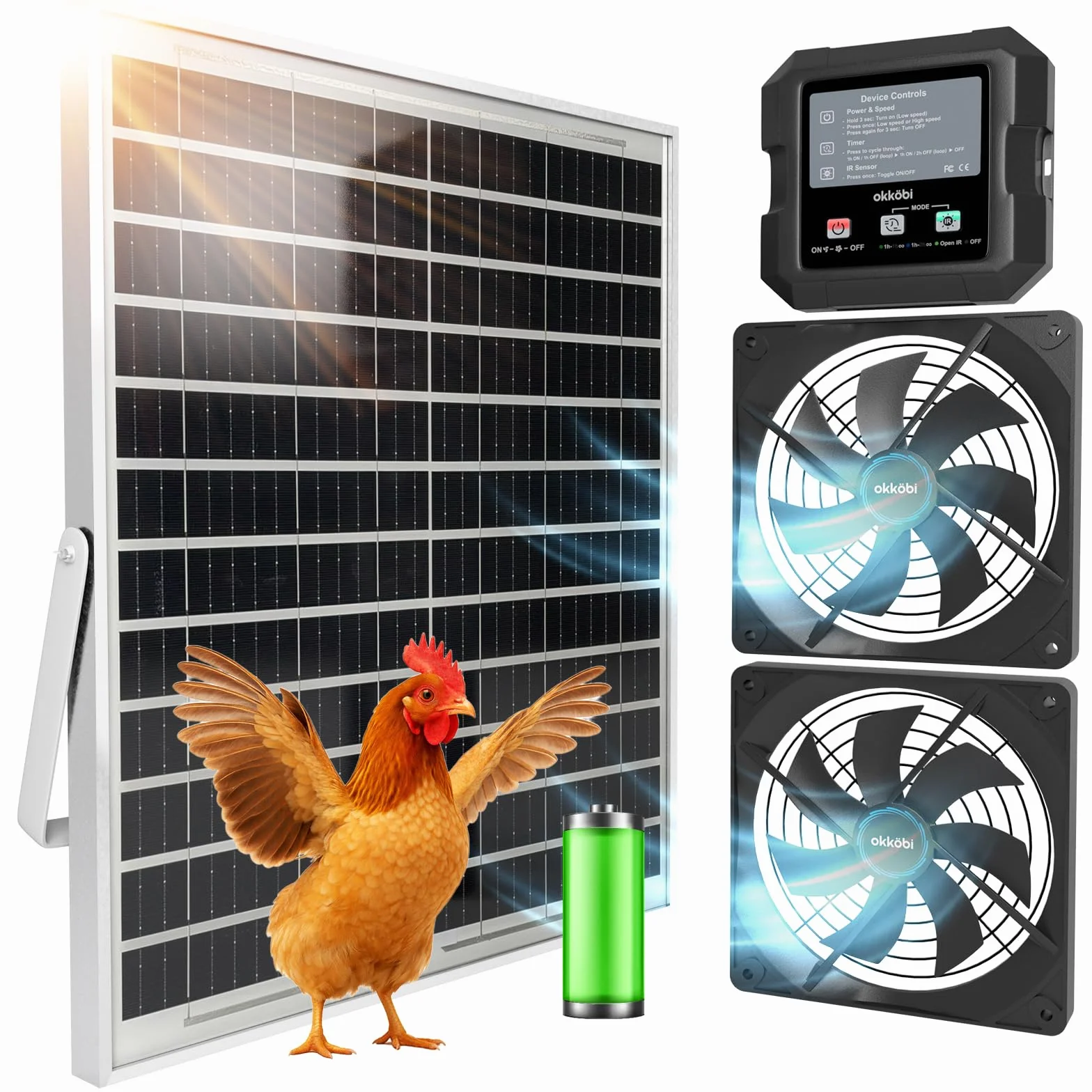 Ventilador Solar para Gallinero e Invernadero, Doble Ventilación Solar con Batería, Entrada o Extracción de Aire, Caja de Control con 3 Modos