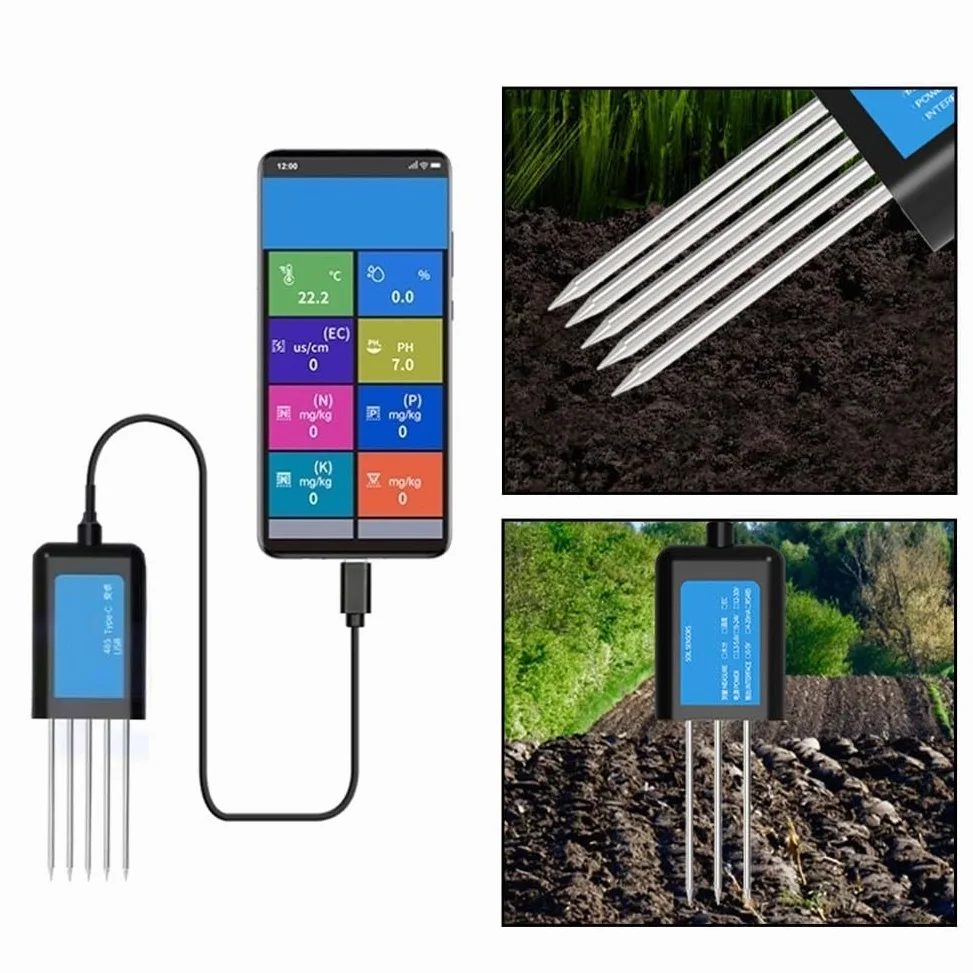 Sensor de suelo USB para agricultura y horticultura, mide temperatura, humedad, pH y NPK, IP68 resistente al agua, sonda de acero inoxidable, análisis rápido para el crecimiento de plantas, negro (B)