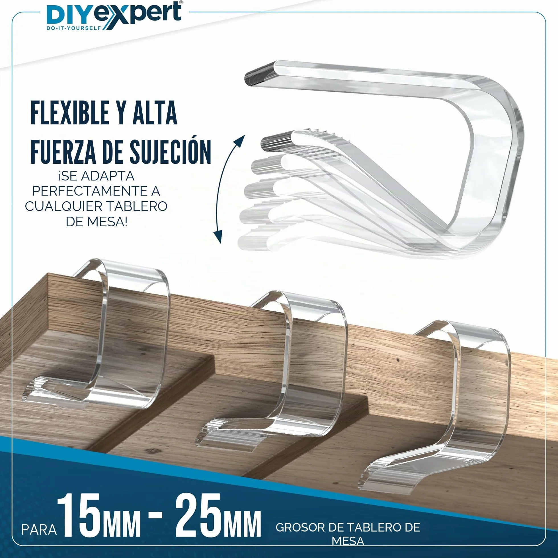 DIYexpert Pinzas para mantel transparentes Fabricado en Alemania [hasta 25 mm] [4 unidades] Pinzas estables para mantel – Resistentes a la intemperie y antideslizantes – Pinzas de mesa para jardín