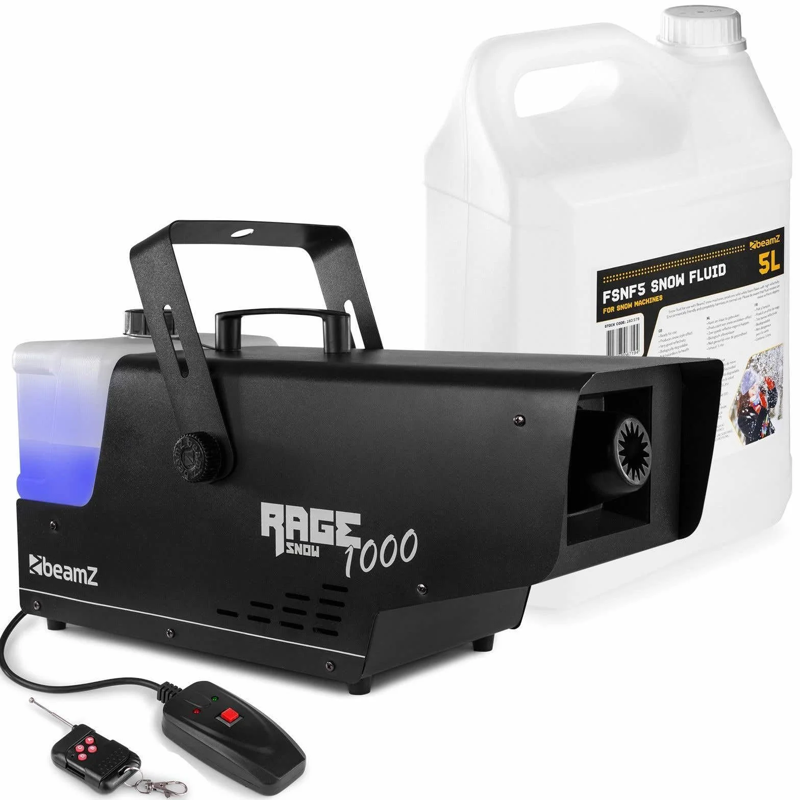 BeamZ RAGE1000SNOW Máquina de Nieve 1000W - Incluye 5L Líquido, Mando Inalámbrico + con Cable, Boquilla Estrella, Tanque Iluminado LED, Efecto Invernal para Eventos, Fiestas o Après-ski