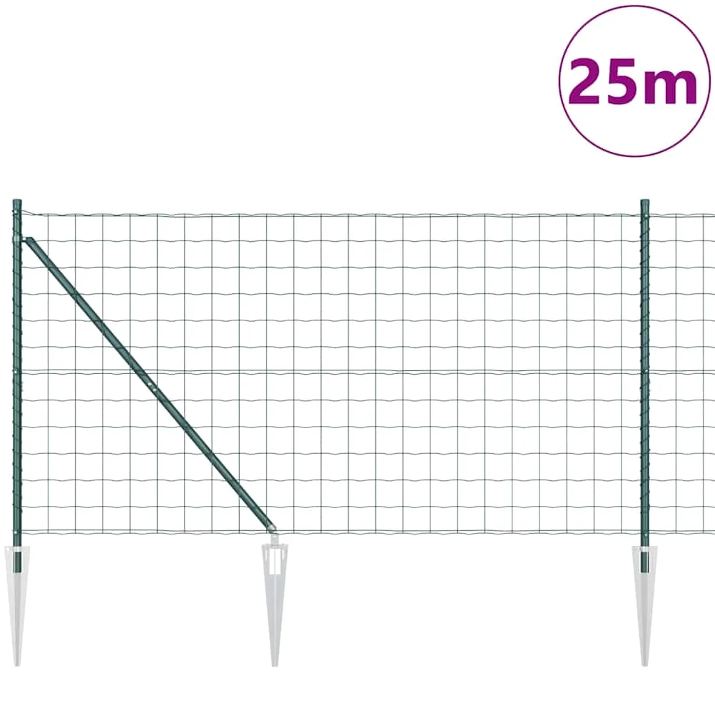 Juego de valla europea de 25 x 1 m, valla de alambre verde de acero, juego completo con postes, casquillos de suelo y alambre tensor, valla de alambre para exteriores y parcelas