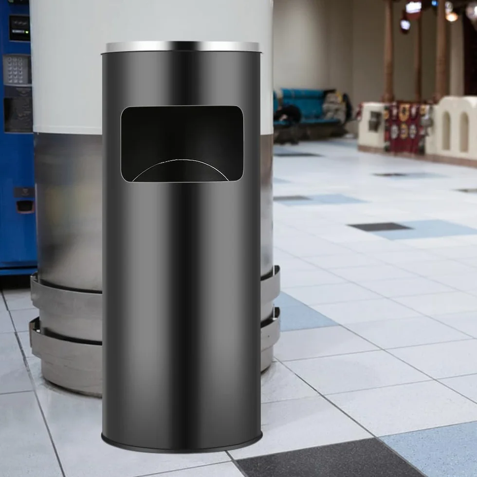 Cenicero de pie 2 en 1 de acero inoxidable con cubo de basura, 30 litros, cubo interior extraíble, cenicero de pie para exterior, cenicero para entrada, hotel (plata + negro, 30 L, 2 unidades)