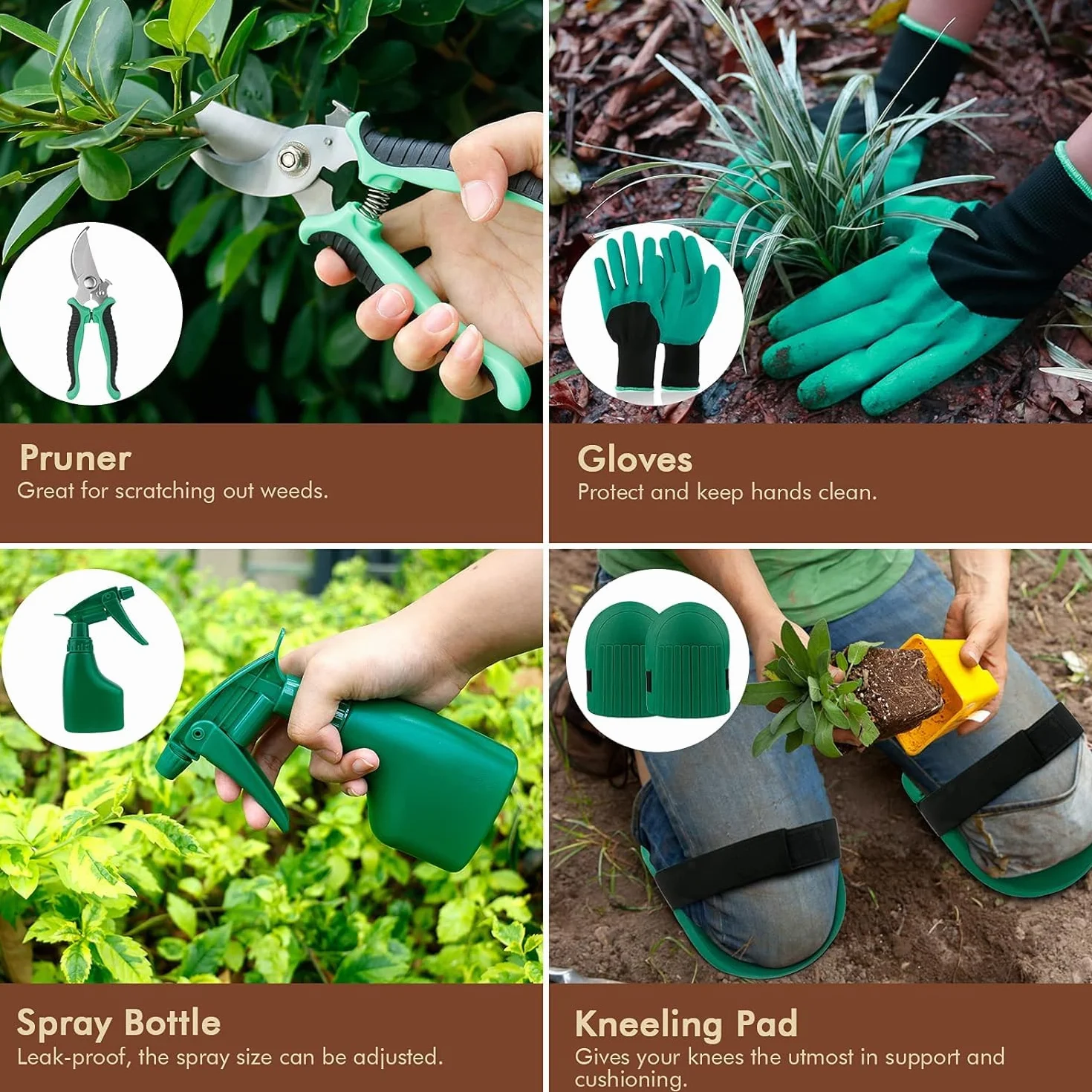 YAUNGEL Juego de Herramientas de jardinería, 10 Piezas de Acero Inoxidable de Uso Pesado con Mango de Madera Antideslizante - Regalos para Mujeres y Hombres, Verde